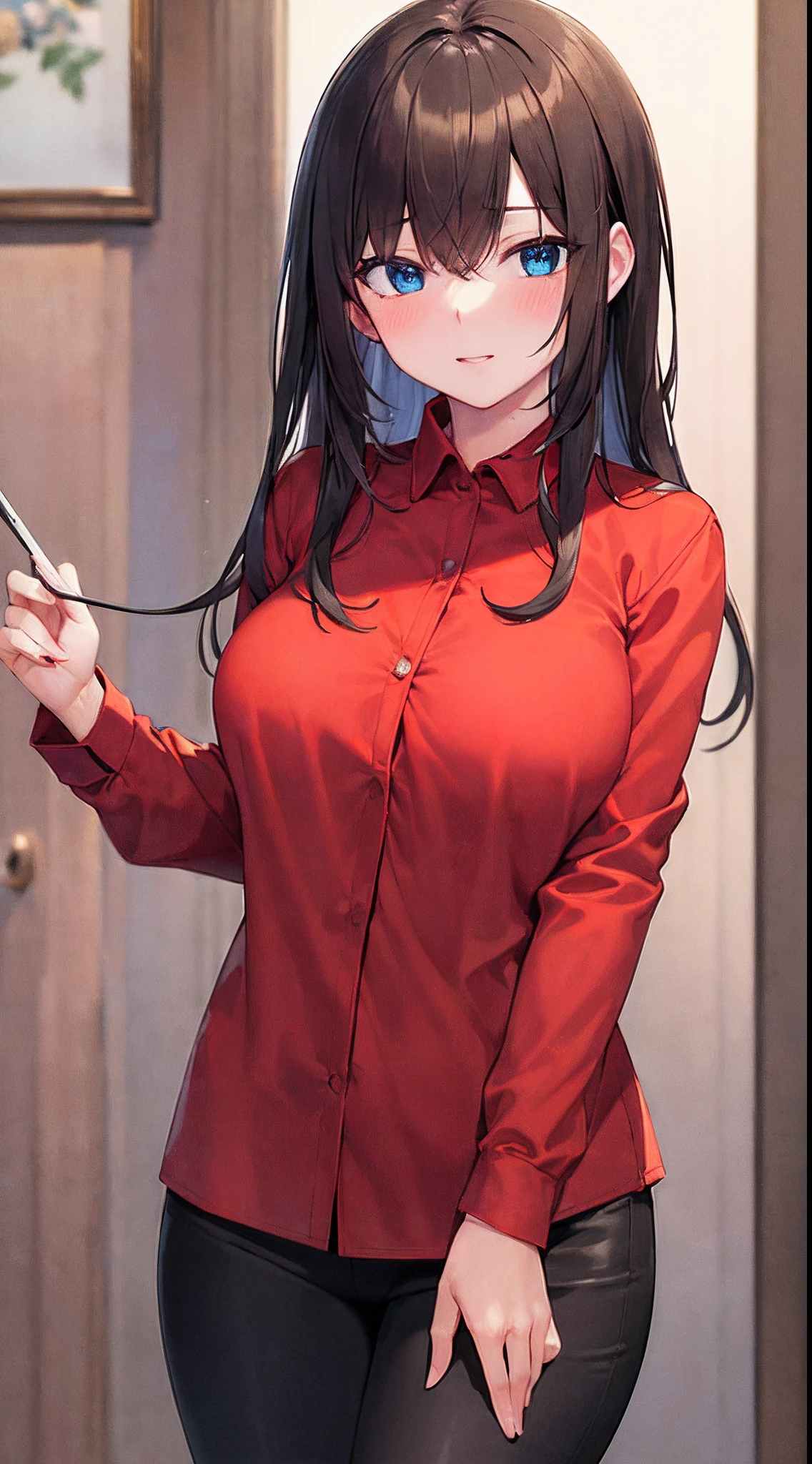 (((Clean, (Masterpiece:1.6), (Best quality:1.6), (Professional:1.4), (highly detailed:1.4), (HD:1.4),(HDR:1.4),(UHD:1.4),16K))), ung_woman, solo, mature and sexy, perfect body, big boobs, black long straight hair, bangs, expressive eyes, seductive eyes, (dark blue eyes:1.5), perfect face, (looking at viewer), (blush:1.3), Playful pose, (Red shirt:1.9), Leggings, Simple White Background