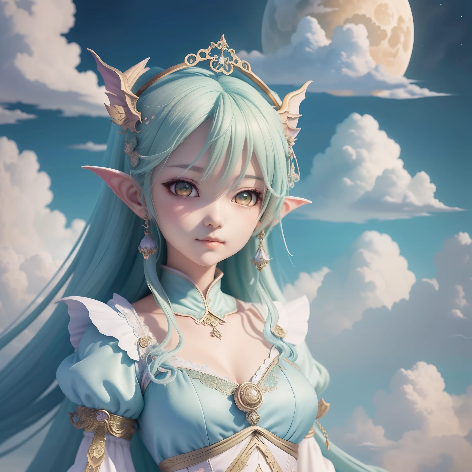 ((Need)), ((tmasterpiece)), (A detailed), Enchanting succubus, Ethereal beauty, Inhabit the clouds, (fantasy illustrations:1.3), Seductive gaze, Charming pose,1girl,adolable,ssmile,(beautiful detailed face),(美丽细致的眼睛), Delicate wings, otherworldly charm, Mysterious Sky, (Luis Royo:1.2), (Yoshitaka Amano:1.1), Moon Night, pastelcolor, (Detailed cloud view:1.3), (A high resolution:1.2)