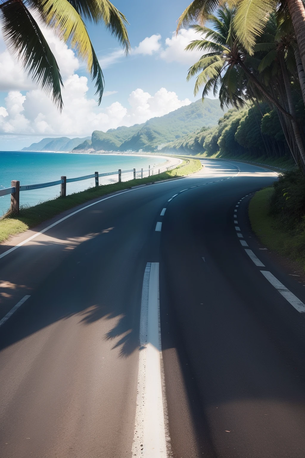 A road bike with integrated stem and full inner line,Coastal road riding,Via asphalt roads。Surrounded by amazing nature,There are coconut trees in the shade of the trees,Sunny and sunny day。Use a realistic style,Photographic representation of this beautiful island。