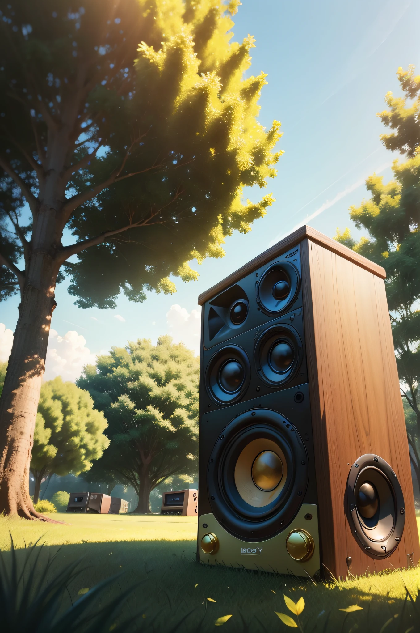Image of a speaker sitting on grass next to a tree, sunday, sunday afternoon, jazz, noon, music, sound, sunny day time, Sunny day, Morning, Sunny afternoon, warm and joyful atmosphere, Sunny morning, midday sunlight, Sunny morning, beautiful fine sky, Sunny atmosphere, morning golden hour, album, bottom angles