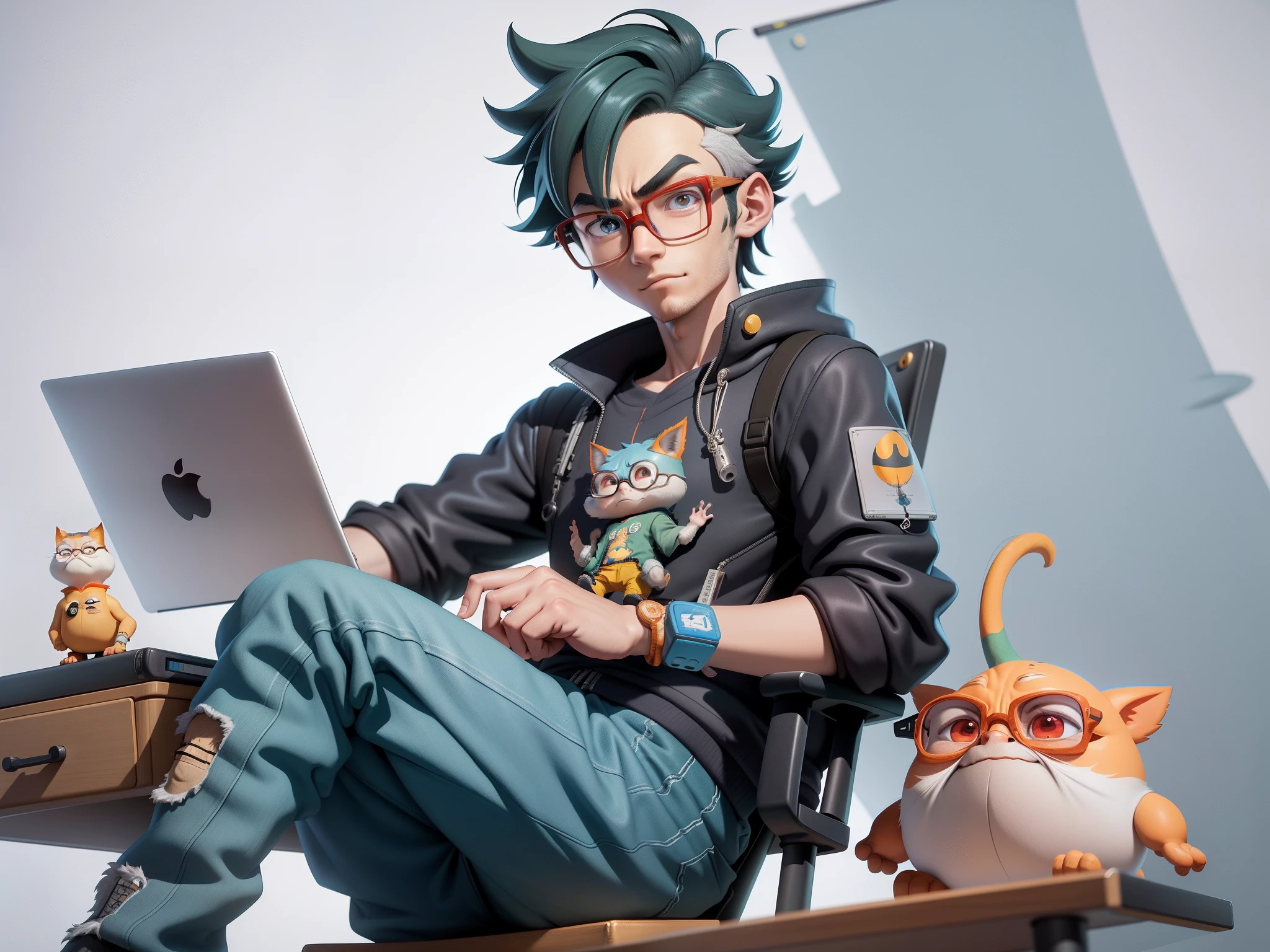 A young man with glasses sits at his desk,holding laptop,digitial painting,3D character design by Mark Clairen and Pixar and Hayao Miyazaki and Akira Toriyama,4K HD illustration,Very detailed facial features and cartoon-style visuals。