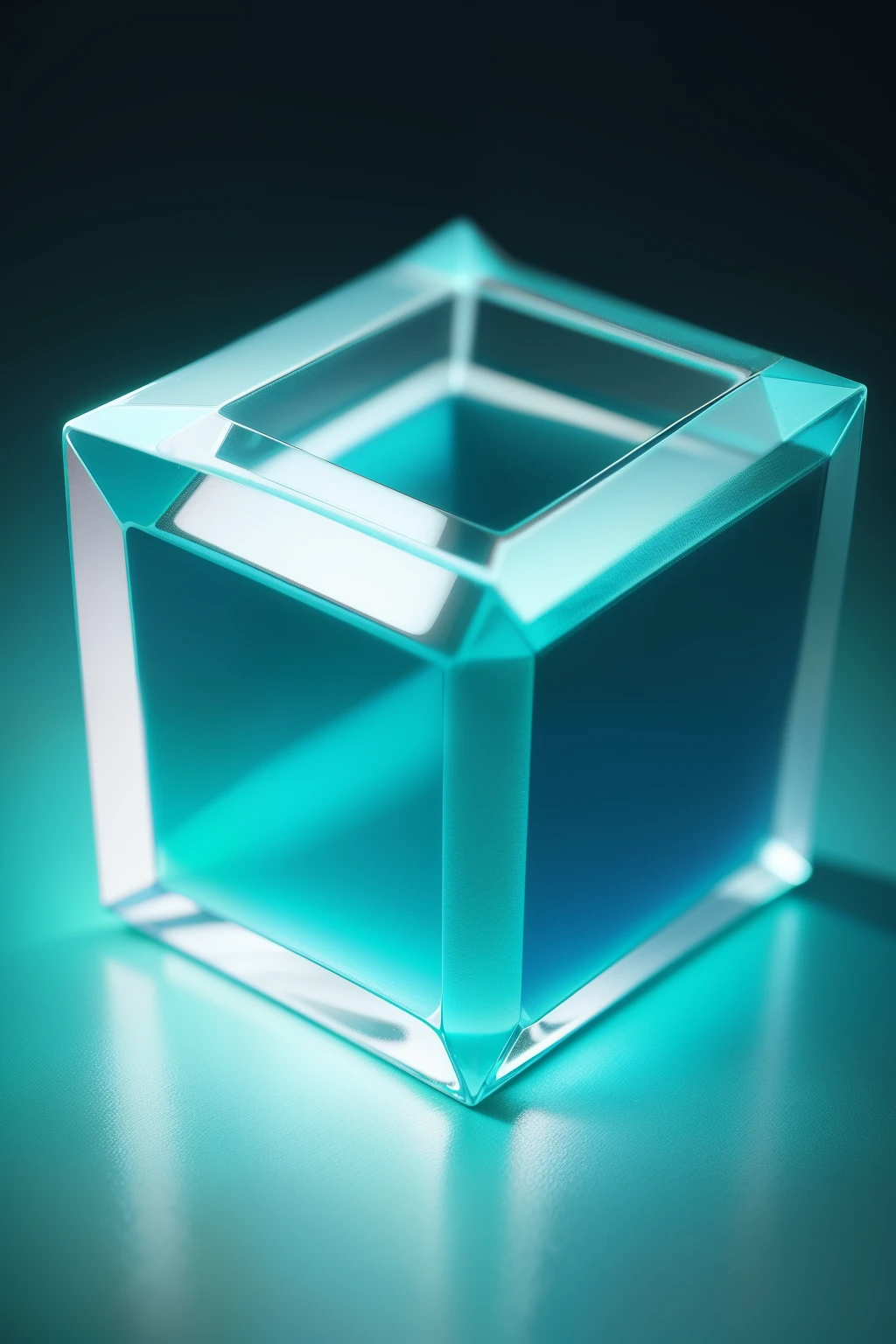 Transparent glass cube on teal background, Top-down view,cyan colors, ambient teal light, teal studio backdrop, cyan photographic backdrop, teal lighting, blue and cyan colors, Backlit product lighting, glowing hue of teal, cyan colors, gradient cyan, blue realistic 3 d render, depicted as a 3 d render