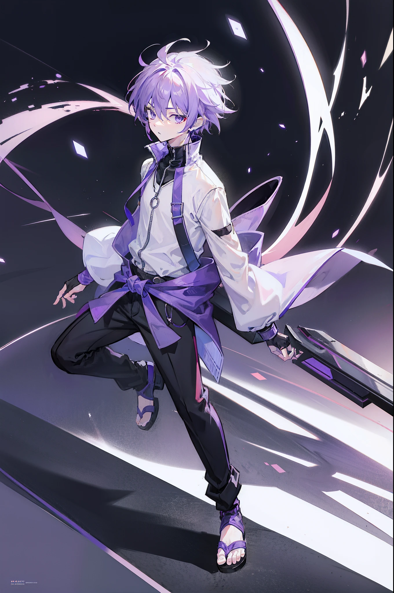 1boy, anime guy, long purple hair, purple eyes, wearing a short-sleeved violet shirt, black trousers, a short open purple jacket with black sleeves, brown sandal boots with white socks, a metal pendant around his neck, black fingerless gloves, red cloth tied around his waist, full body shot, badass anime 8K, purple-haired deity, best anime 4K konachan wallpaper, killua zoldyck portrait,