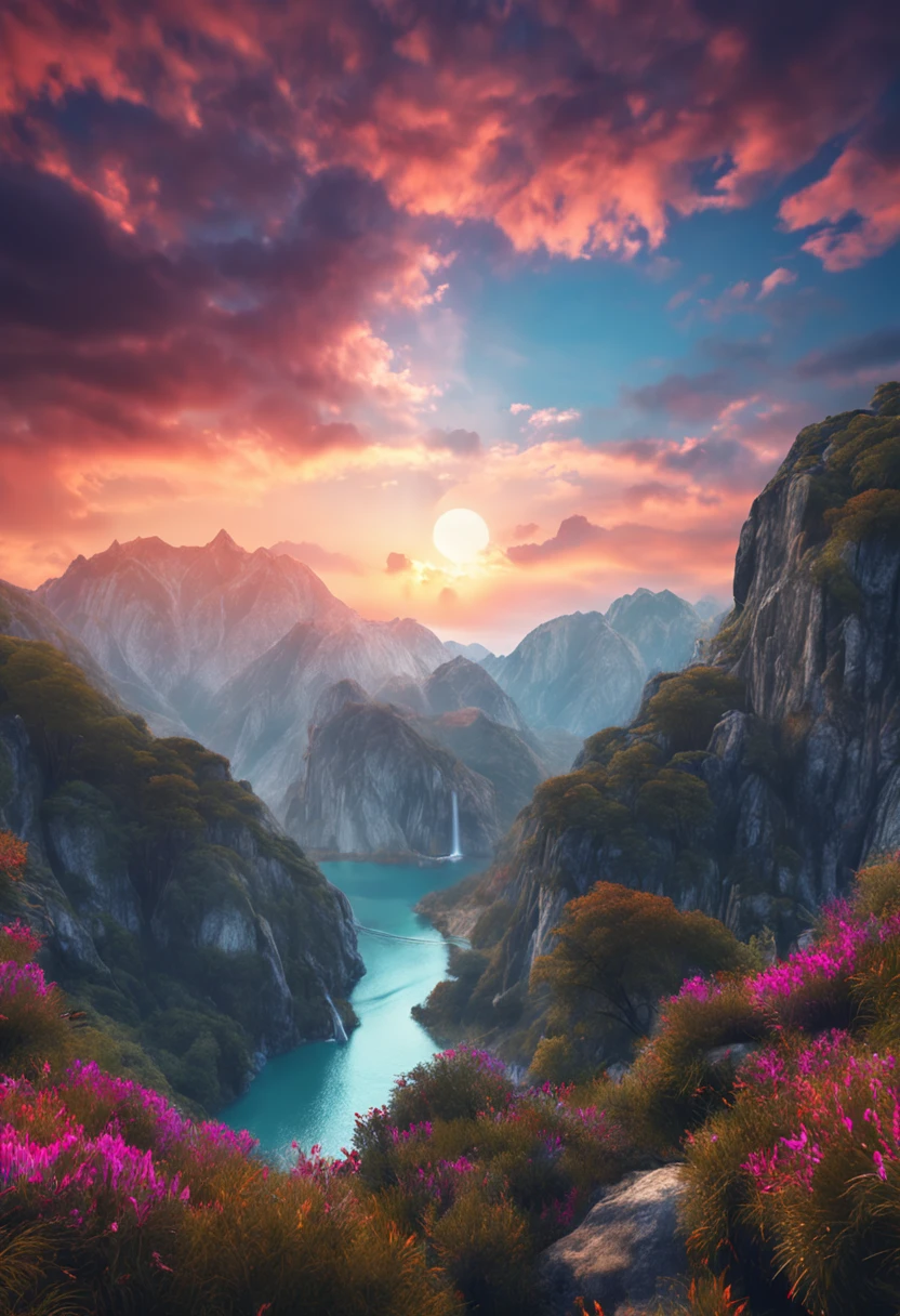 Masterpiece, top quality, high quality, highly detailed CG Unity 8K wallpaper, landscape, outdoor, sky, sky, no human, mountain, landscape, water, tree, blue sky, waterfall, cliff, nature, lake, river, cloudy sky, award-winning photography, bokeh, depth of field, HDR, bloom, chromatic aberration, photorealism, highly detailed, trending trending in art stations, trend CGSociety, complex and high detail, Dramatic, halfway art