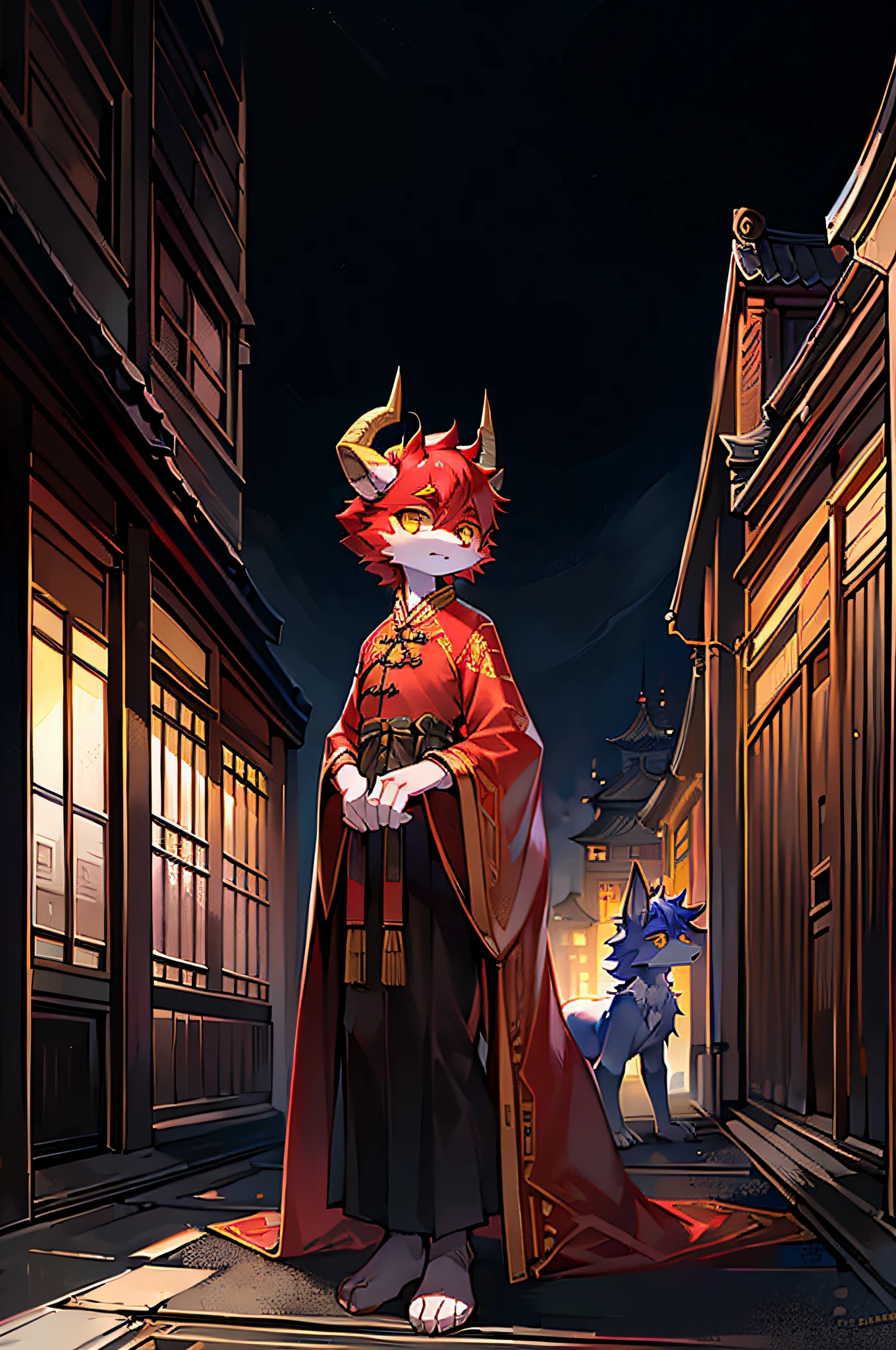 (((picture quality is high:1.1, Lens effect side:1.1, The lens effect looks up:1.1))), A tall, Skinny Wolf standing in a Chinese yard as night falls,With coiled horns,Wear Chinese robes,The nose is long,Yellow eyes,Red fur,contempt eyes,One's brow furrowed,There is a little anger,Head to side,The right hand crosses the waist