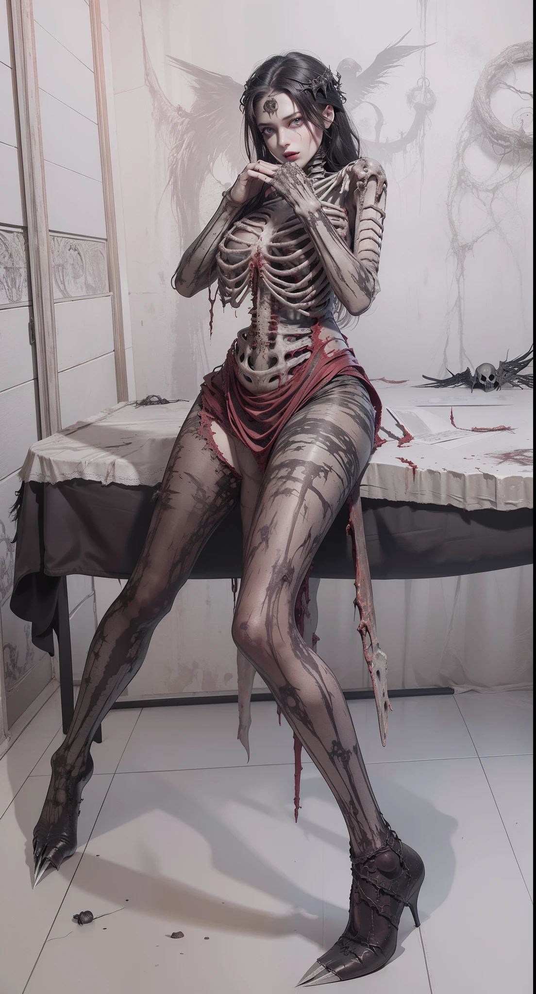 Fine matte painting, skeleton dark angel big wings haunted castle on drawing table full of knives, horror, spookiness, scary, secret horror, tentacles, vines, eyes, uncanny valley effect teeth, limbs, animals, blood moon，