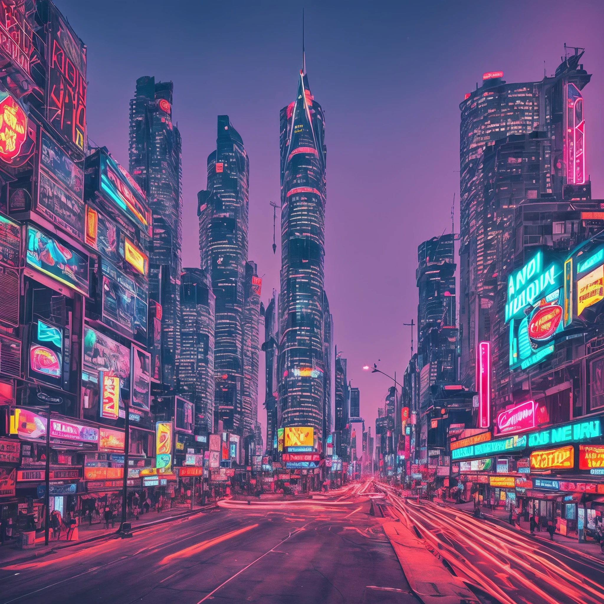color photo of: a vibrant neon-lit cityscape at night, bustling with futuristic skyscrapers, flying hovercars, and holographic advertisements. The buildings are adorned with sleek, angular architecture, reflecting the neon glow. The streets below are filled with people wearing futuristic fashion, their attire adorned with glowing LED patterns and cybernetic enhancements. The atmosphere is charged with a sense of excitement and intrigue, as if anything is possible in this technologically advanced world. The camera captures the vibrant colors and futuristic elements, immersing the viewer in the captivating cyberpunk setting. —c 10 —ar 2:3 --auto --s2