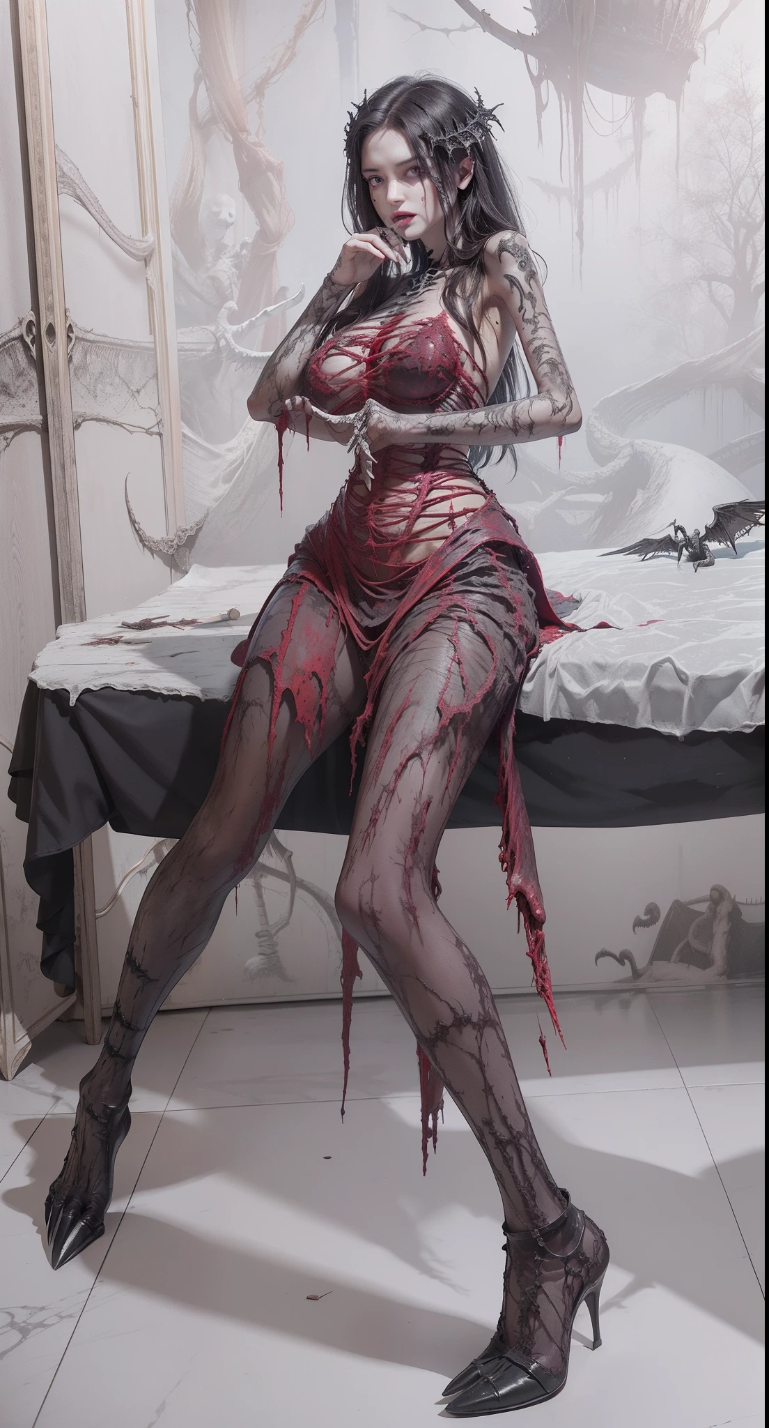 Fine matte painting, skeleton dark angel big wings haunted castle on drawing table full of knives, horror, spookiness, scary, secret horror, tentacles, vines, eyes, uncanny valley effect teeth, limbs, animals, blood moon,