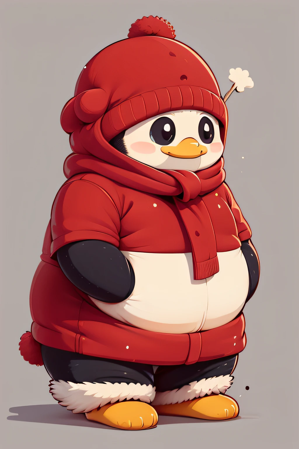 flatillustration,Chubby cute penguins,Chunky Chinese holiday red dress style, Warm clothes, Stick figure style,8K,Plain white background,minimalistic background