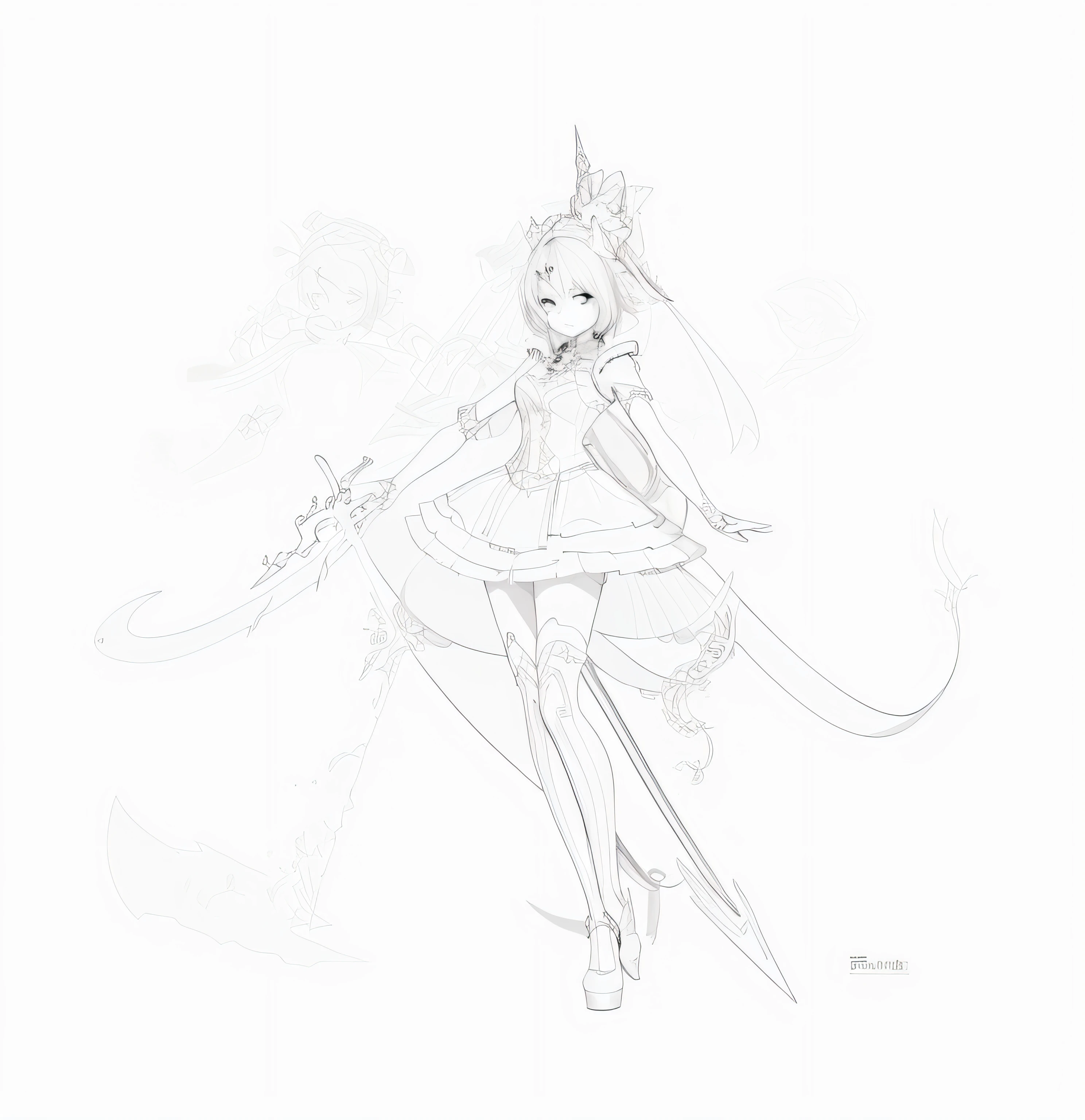 a drawing,A woman in a dress with a sword, clean anime outlines, clean lineart, intense line art, perfect lineart, linear art, lineart behance hd, Simple lines of art, Outline sketch, variable lineart, bold lineart, Line art, sharp lineart, mechanized witch girl, full body concept, thick lineart, Line art!!