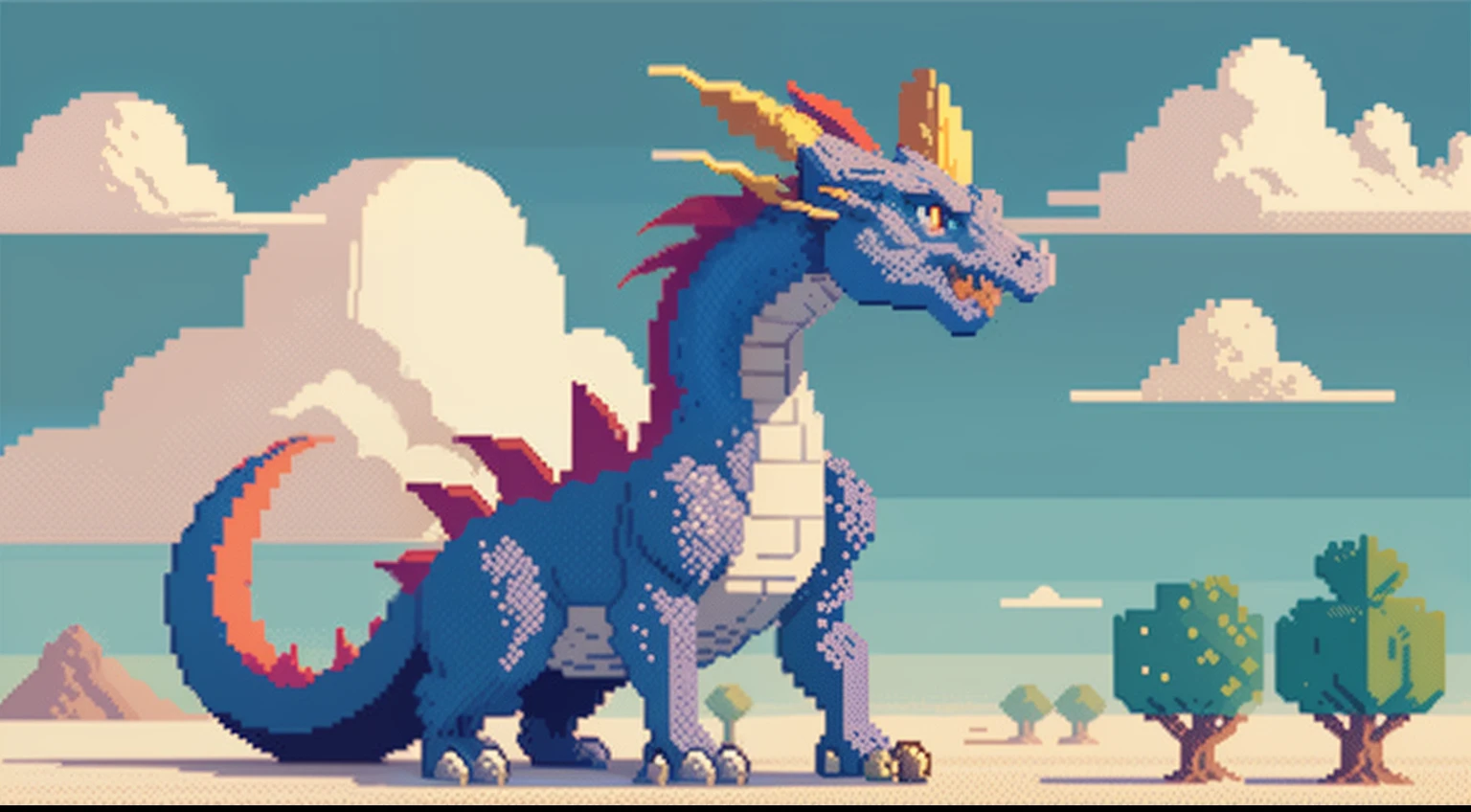 Close-up of pixel image of dragon,Primitives，A desert，with blue sky and white clouds，Dragon pixel art, 1 0 0 0 x 1 0 0 0 pixel art, pixel art sprite, videogame sprite, high quality pixel art, Pixel art vintage Digimon bitmap, For red and blue Digimon, Pixel eh, 32-bit pixel art, vintage art, pixel art 8 - bit, pixelart style