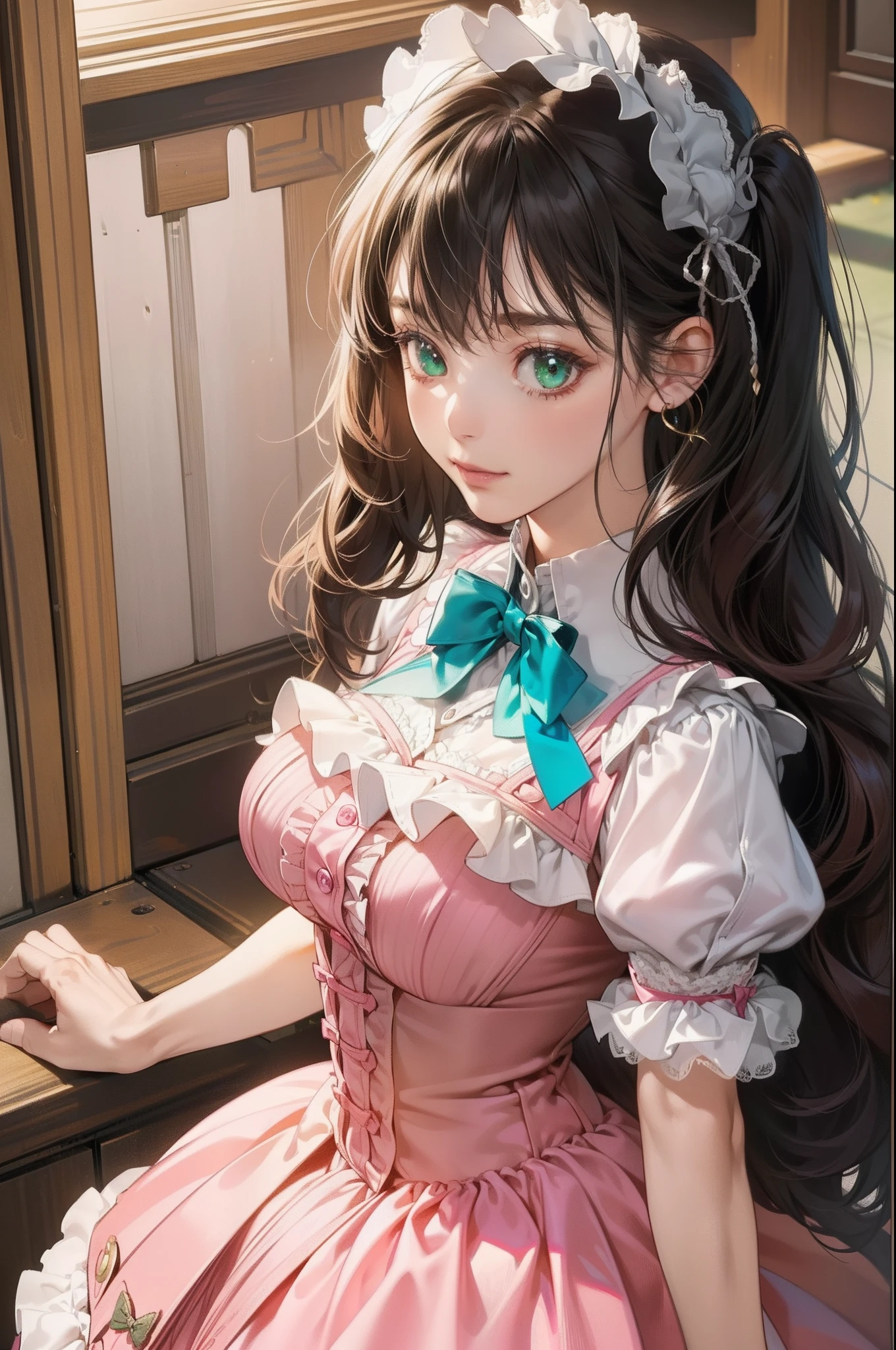 Anime girl in pink dress with blue bow and white collar - SeaArt AI