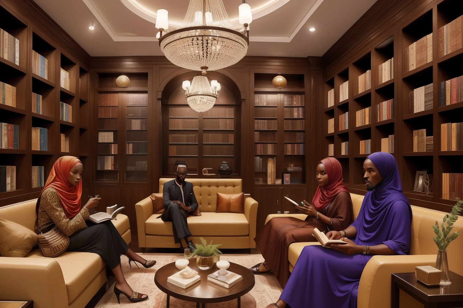Year: 2023
Country: Somalia
Description: In an upscale urban setting, a group of friends gather in a beautifully designed cafe. Men and women of different ages discuss art and literature, surrounded by bookshelves and eccentric decorations. The ambiance is reminiscent of a refined salon, with everyone dressed in stylish attire.