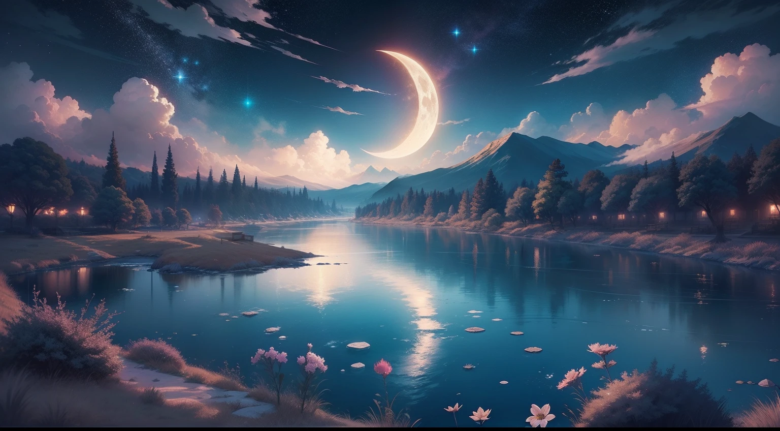 A painting of a river with stars and moon in the sky, concept art inspired by Tosa Mitsuoki, pixiv contest winner, best quality, fantasy art, beautiful anime scene, a bright moon, moonlit starry environment, dream painting, Anime Background Art, Fantasy Landscape Art, Fantasy Night, Anime Background, Background Artwork, Fantastic Art, Atmospheric Anime, Starry Sky, Detail Enhanced.