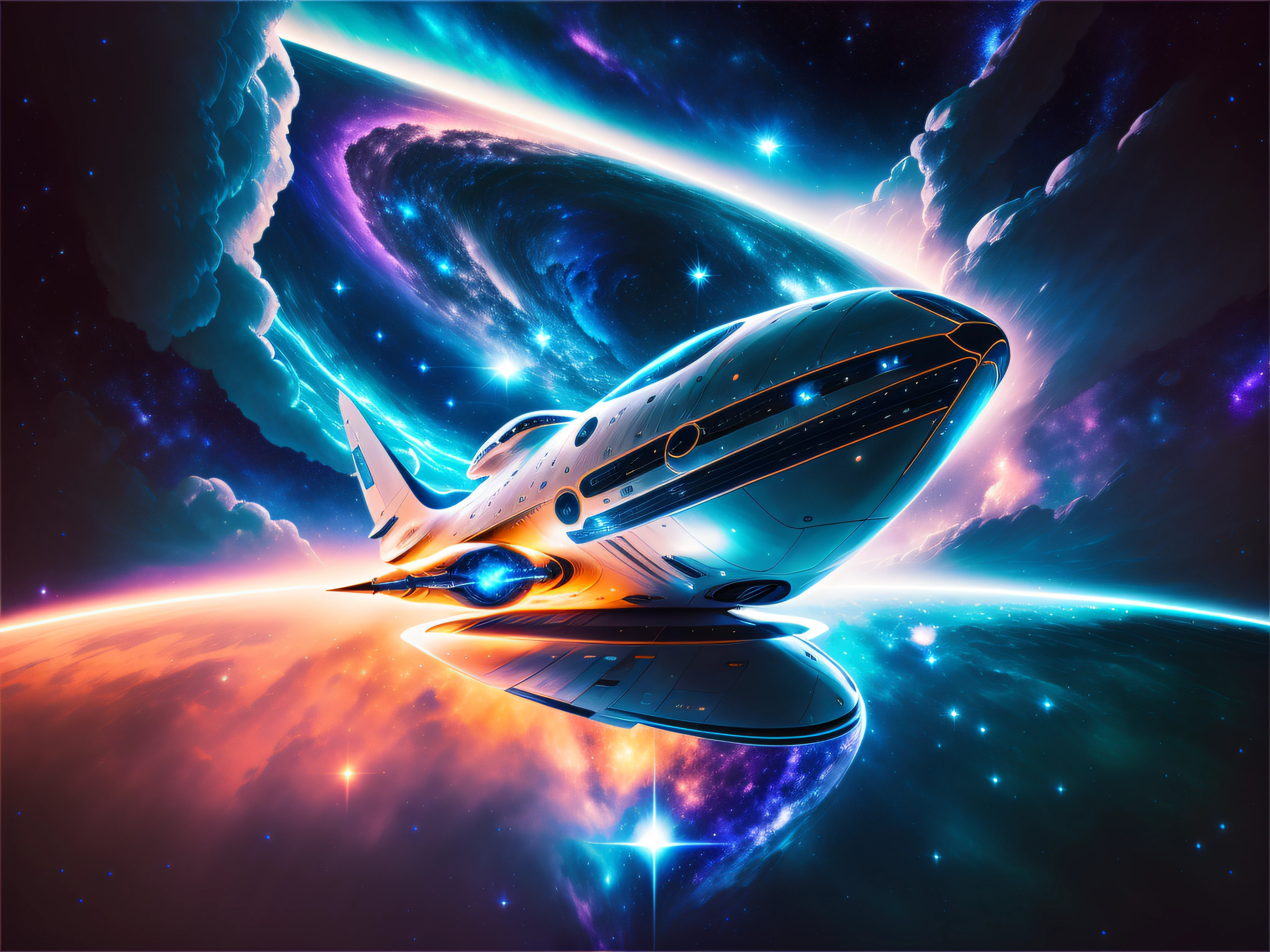 A sleek, silver spaceship glides effortlessly through the vast expanse of space, surrounded by swirling nebulae and distant stars, creating an ethereal and awe-inspiring atmosphere of wonder and exploration, with vibrant colors and smooth metallic surfaces, captured by a high-end Hasselblad camera, using HDR techniques.