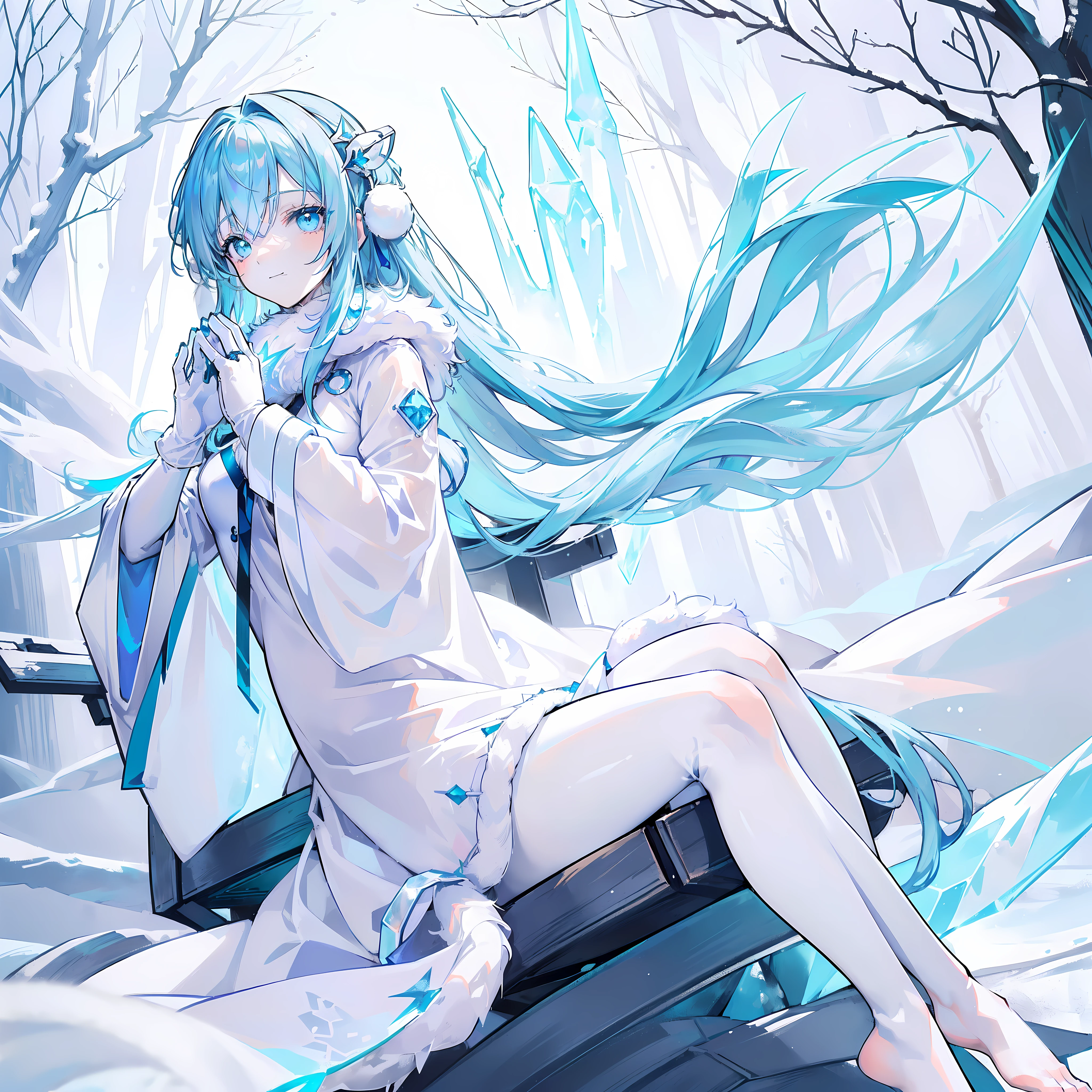 Anime , ((((White and Blue winter coat with fur)))), blue hand and thigh accessories, (((long light (glowing) aqua hair))), ((hair accessories)), ((black eyes)), (((blue decorations around the entire body))), (smiling), pale skin, neck, shoulders, medium chest, arms, hands, medium waist, legs, medium thigh, cute, blue stripes on dress, (wearing white gloves), ((((meditating next to a beautiful wooden house in a forest chair)))), serious, cinematic light, high resolution, highest quality, ultra detailed, detailed face, (detailed eyes), best quality, hyper detailed, masterpiece, (detailed face), clean face, detailed eyes, ((((white and aqua long robes covering all of the legs)))), (((wearing see through tight pants))), ((barefoot)), (((((ice around the area and her body including an ice aura))))), ((sleeves covered in see through tight clothes)), (((floating))), ((ice in her hand)), (((no blush or red on face))), ((((leg and feet rings and decorations))))