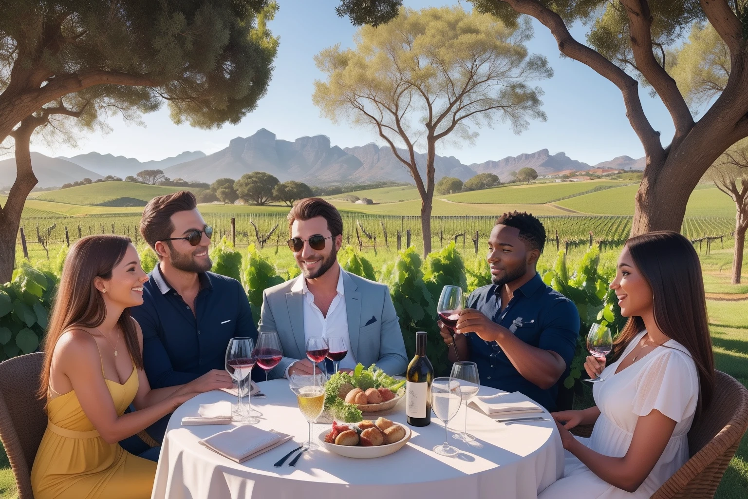 Year: 2021
Country: South Africa
Description: At a sophisticated wine estate in Stellenbosch, a group of friends enjoys a leisurely afternoon tasting session. The scene is set amidst lush vineyards, with elegantly dressed men and women discussing the intricate flavors of the wines.