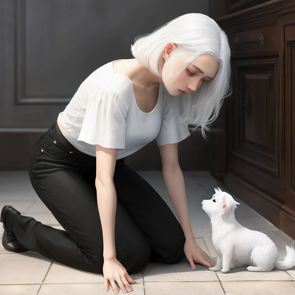 white color hair,White top,chies,Kneel and pray