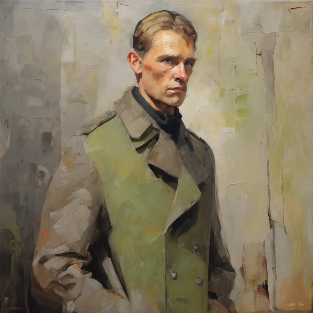 Lonely girl, Tall stature, smallunderboob, Closed mouth, Slavic appearance: Green eyes; blond hairbl; Sharp facial features; Dimples on the chin; Straight nose; High nose; pronounced high cheekbones; High forehead, erect through, army suit: gray double-breasted overcoat; Gray pants, whole-length, Black leather gloves, In the middle of the street, Background: A stone-paved road,Above it are European stone houses from the first half of the 20th century, High quality shadows, High quality of light, High quality clothing, Masterpiece picture quality, max detail, Masterpiece quality.