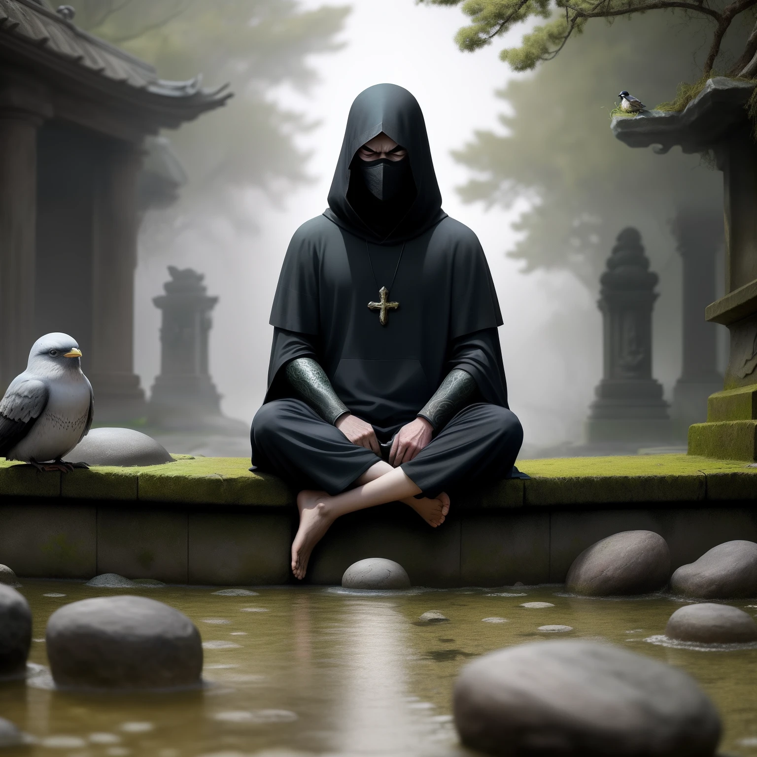 Above the magnificent stone steps of the temple，There was a man with a black hood and a cross-spiral disc mask sitting motionless for a long time，Suddenly moved。This alarmed the still gray deposits on his old black hood，And one that is already nesting on his shoulder，Seabirds of unknown species。He slowly took the nest off his shoulder，The antiquity in front of it，On a stone table full of dust。The small-looking bird jumped out of the nest and pecked his fingertips unconsciously，He jumped to one on a stone table，On the face down card，The bird looked at the statue sitting around the stone table with its petite eyes。Around the masked man sat eight people with different expressions，Strangely shaped wet statues，The upper body of these idols is a normal human appearance，The lower body is all kinds of strangeness，Tentacles that make people involuntarily feel fear，Thick fish tail，The shape of mottled bird feathers and plants overgrown with parasites。They have holy eyes closed，It's just a statue，But it is not desecrated，Inviolable，There is an ancient and sacred luster flowing on their textures that have been corroded by time，People dare not look directly，Difficult to consider，It's like taking a look at their ugly and terrifying lower body，It is necessary to fall into madness uncontrollably，Give your soul to these ancient gods，Killed himself?The only thing to be thankful for is:，These gods are still sleeping，And unfortunate things，It's like sleeping like you're going to wake up the next moment。The idols hone on stone platforms with their eyes closed，The lower body of the masked man sitting motionless also began to turn into stone，The toes are covered with coiled snails，Moss and dense，Grass green，Rhizome tumors of unknown species of plants。They sat around a huge stone table。The stone table is thick and old，It is full of potholes after wind and rain erosion，Originally engraved on it，The monster with the giant octopus tentacles is so strange that it looks exactly like the