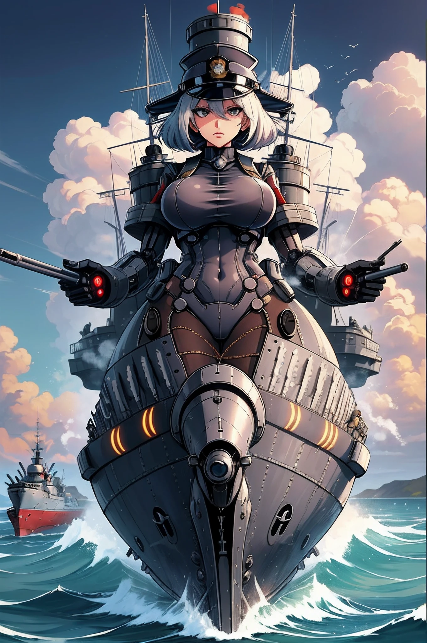 kansen, cyborg humanoid war machine, anime shipgirl woman, azur lane, kantai collect, battleship waifu, wearing a giant metal backpack with a steam funnel on top, back mounted robot gun arms, battleship cannon turrets, torpedo tubes, boots with boats on the soles, wide hips, round breasts, officer cap, military uniform open clothing, undressing