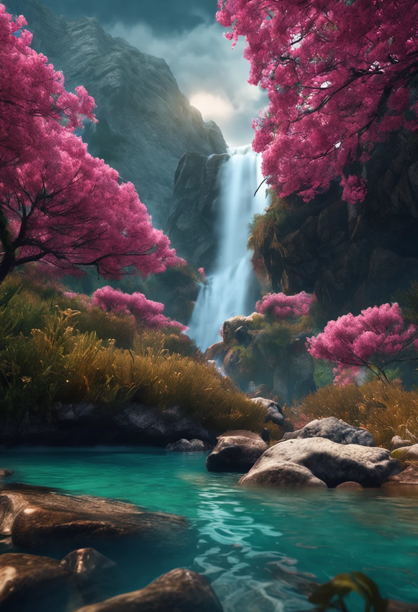 Masterpiece, top quality, high quality, highly detailed CG Unity 8K wallpaper, landscape, outdoor, sky, sky, no human, mountain, landscape, water, tree, blue sky, waterfall, cliff, nature, lake, river, cloudy sky, award-winning photography, bokeh, depth of field, HDR, bloom, chromatic aberration, photorealism, highly detailed, trending trending in art stations, trend CGSociety, complex and high detail, Dramatic, halfway art