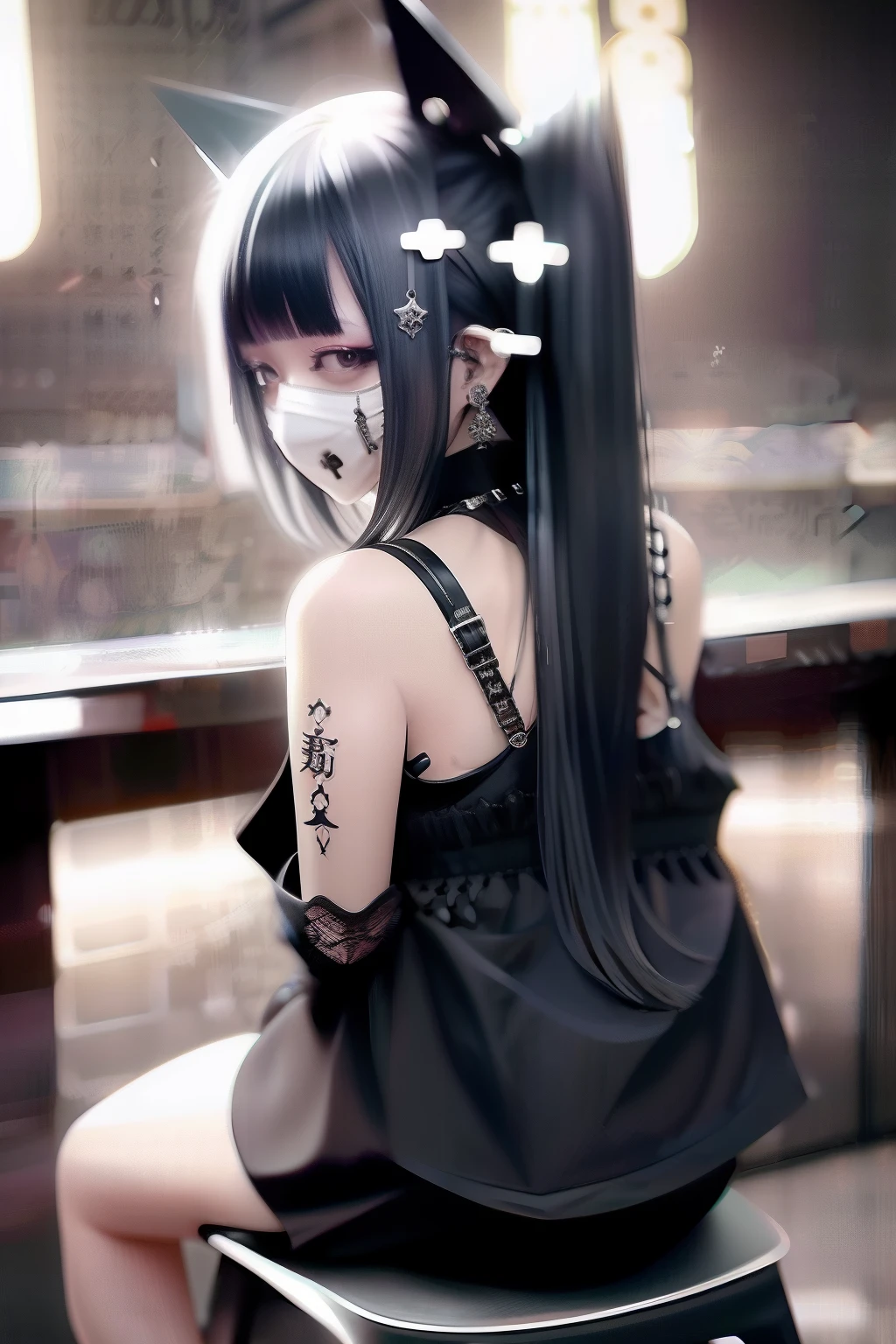 bob cuts、Black type。Sit on a chair, cross one's legs、Huza、Sit up、goth_punk, 1girl in, 独奏,, ((during night)), bokeh dof, Neon light, Iridescent eyes, starrysky, White shiny hair, White eyebrows, Radiant hair, (iridescent white hair), 耳Nipple Ring, bangss, jewely, masks, bluntbangs, verd s eyes, Mouth mask, blurry backround, bblurry, hair adornments, Look at viewers, shorth hair, portraitures, side locks