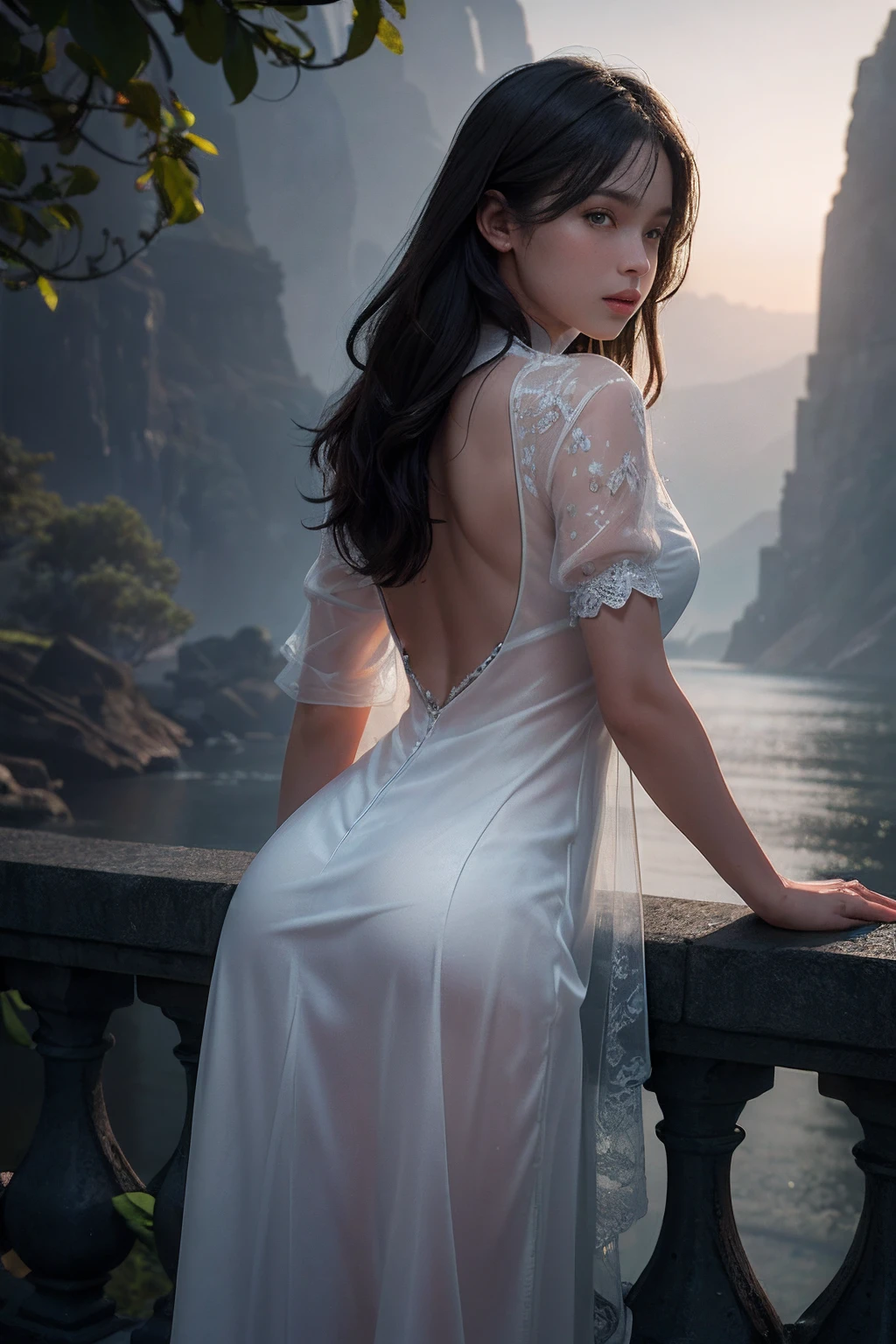 (8K, RAW photo, Best quality, Masterpiece:1.2), (Realistic, photo-realistic:1.37), Ultra-detailed, (highdetailskin:1.2), 8K Ultra HD, Digital SLR, Soft lighting, High quality, filmgrain, Fujifilm XT3, Professional lighting, photon maping, Radio City, Perfect face, Handsome, concept-art, Detailed face and body, Award-winning photography, Detailed face, Backlight, Ultra photo realsisim, Ray tracing, Strong gaze, view the viewer, Cinematic lighting, embers, fantasy, Sexy action pose, Mist , RAW photo, 8K Ultra HD, filmgrain, sonoko, Summer dress,Rear display, Wet water, Wet body, Transparent clothing, Black lace