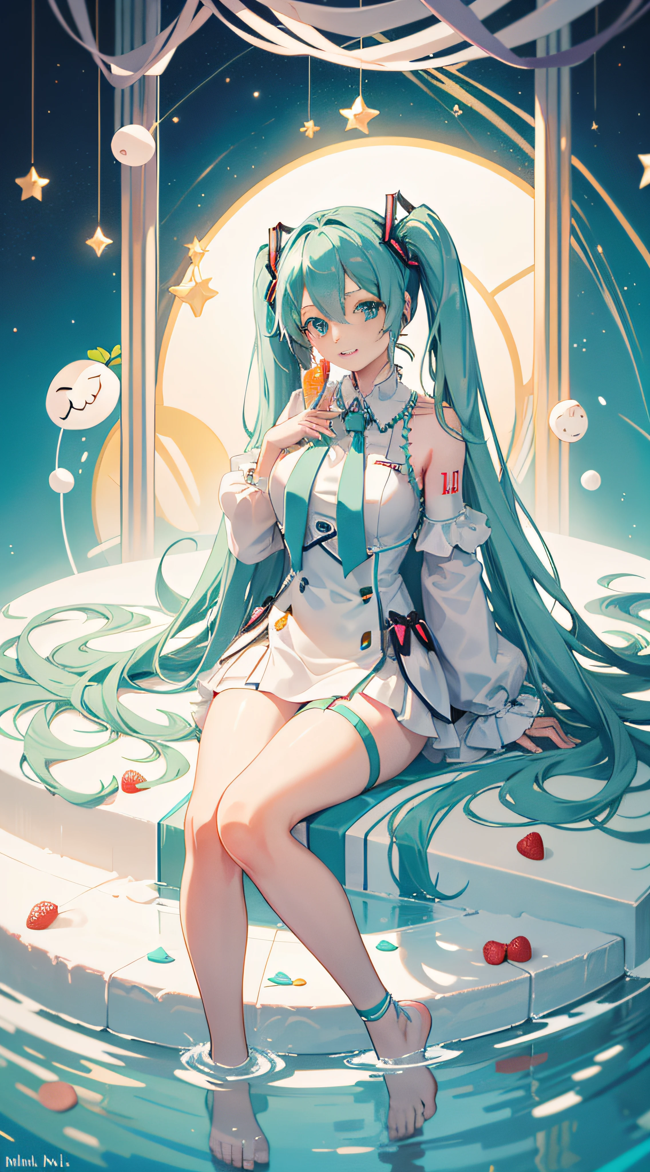 Hatsune Miku sits on a huge creamy birthday cake,The birthday cake is lit with colorful birthday candles,happy birthay,ssmile,Exquisite facial features,Elaborate Eyes,Gentle and shy face,Peerless beautiful girl,Advancedsense,Sandwich the strawberry between your hips