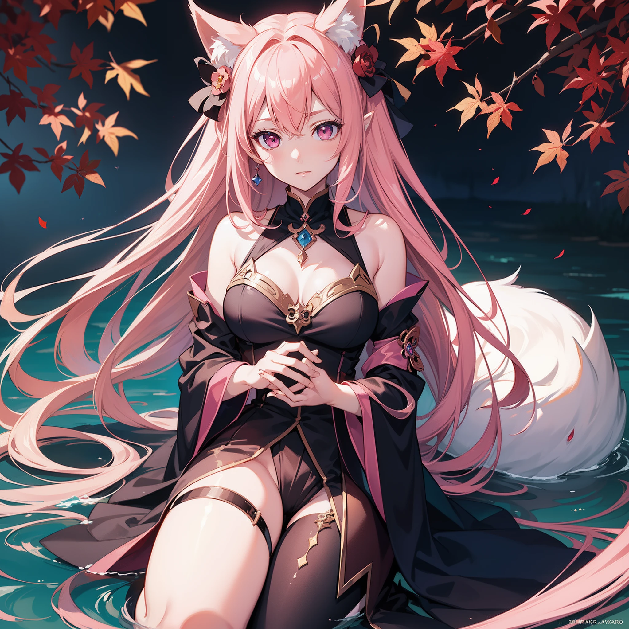 close up face,Diagonal angle., Complicated details, beautiful and gentle eyes;, Anime girl with long pink hair, pink eyes, fox pink ears,posing for a picture, shadowverse style, smooth anime cg art, detailed digital anime art, guweiz, sui ishida art manga, Shadowverse, official artwork, pixiv style, detailed anime artwork, artbook artwork, seductive anime girl, Sugetsu, detailed anime character art, waifu, A detailed eye, autumn, Autumn theme, Autumn leaves fall in the background