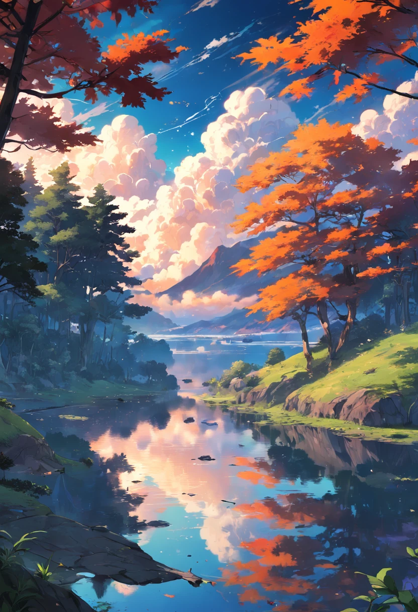 a park full of lakes and forests, beautiful sky, sunset, not many clouds