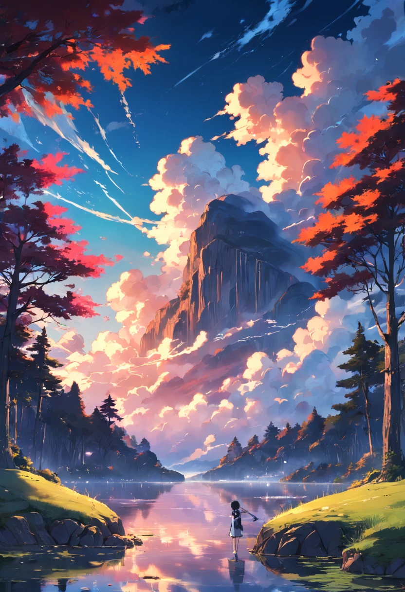 a park full of lakes and forests, beautiful sky, sunset, not many clouds