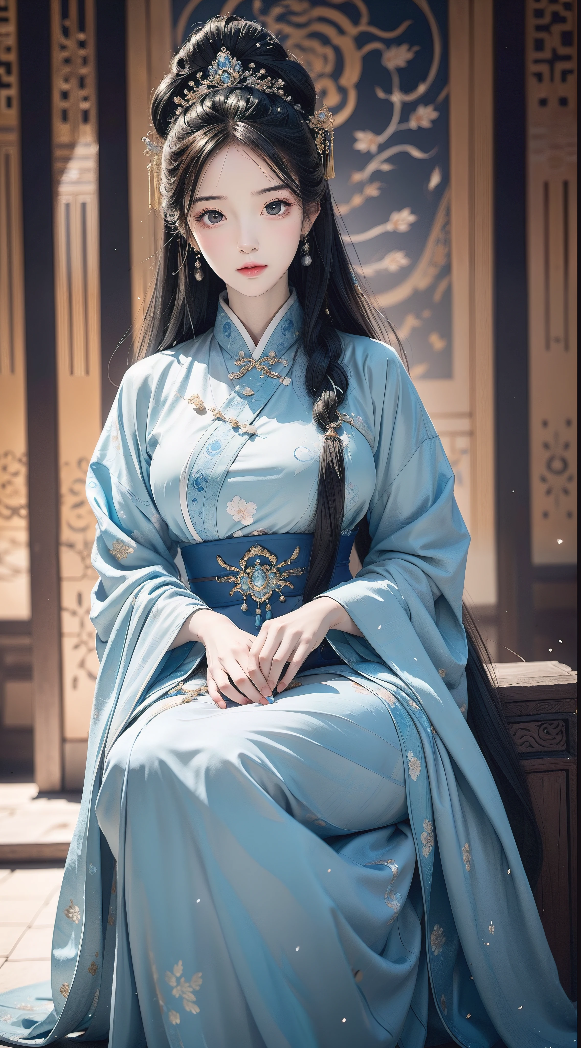 The elegant and dignified queen sits on the throne，The temperament of the mother of the world，Jet-black hair，The hair is coiled at the back of the head，Gorgeous hairpins，gentle expressions，（（（Detailed facial features1.2））），（（（Bright and touching face 1.2））），Gorgeous and realistic Ming Han uniform，Blue and white porcelain style，hanfugirl，ancient china art style，Gentle and beautiful woman，（（（Sandals 1.2）））