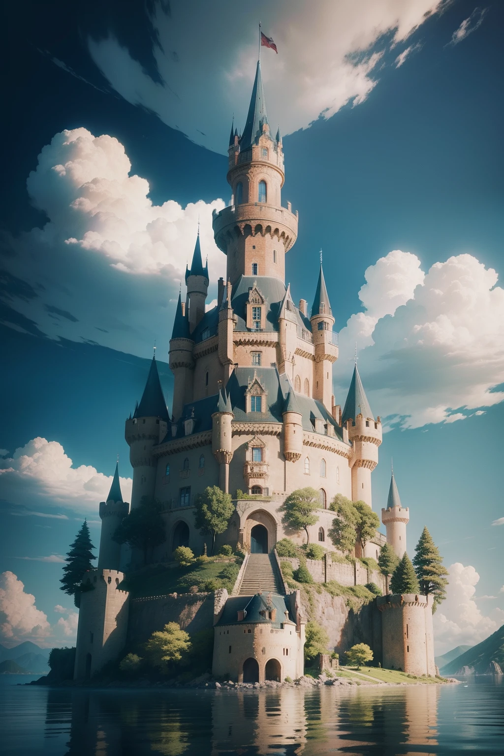 A beautiful Western-style castle towering over an uninhabited island. With a complex structure, handwriting, With a complex structure, dream-like, 4K resolution, thorn々Or, masterfully, ultra-detailliert, anime image, In the style of Studio Ghibli.