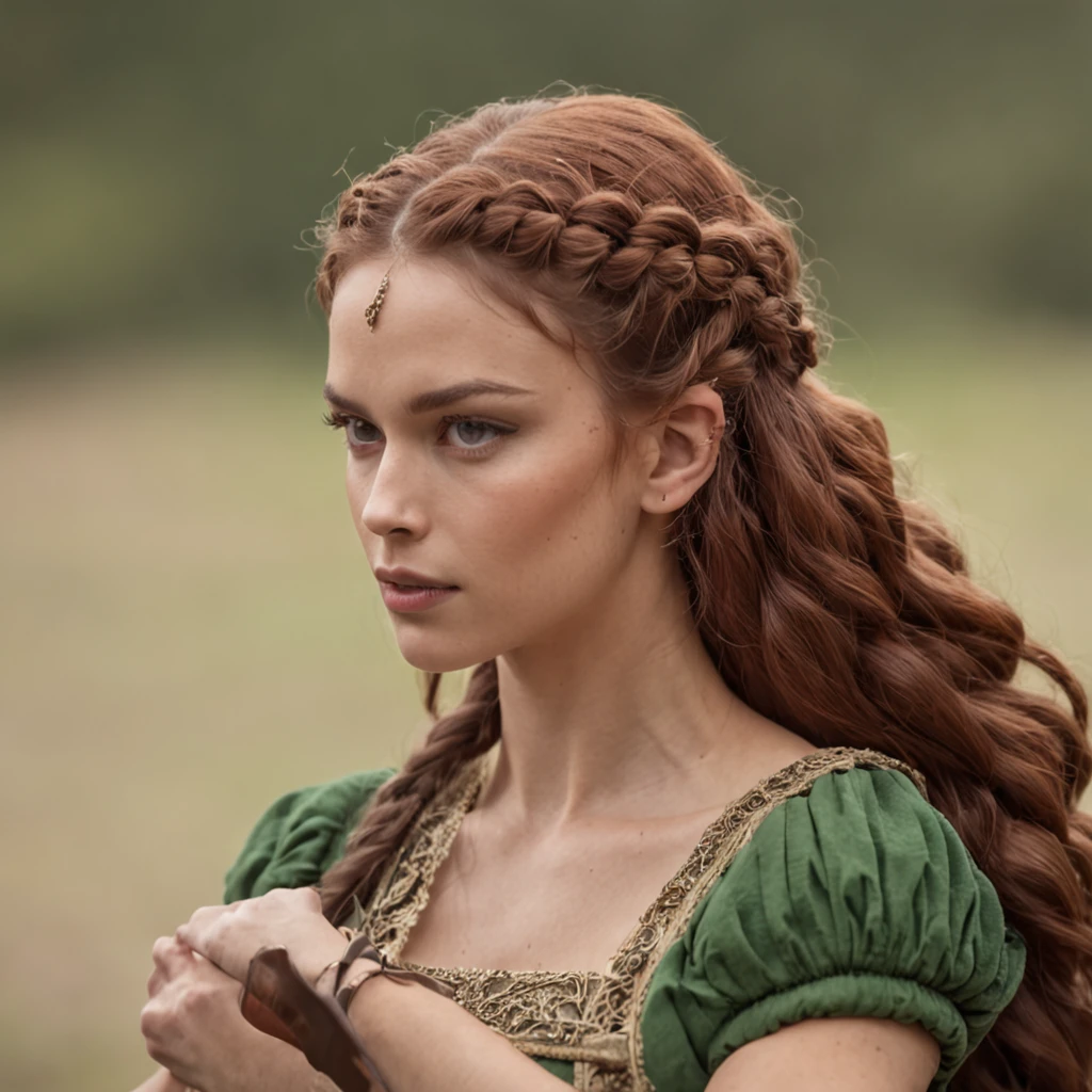 melhor qualidade, circunstanciado, 4k, (cinematic portrayal), fantasia, rpg, elfa bonita, orelhas pontudas, branca,ruiva, hair divided into braids, olhos verdes esmeralda, 20 anos, atletica, vestindo armadura de escamas, carregando machado de guerra na costas