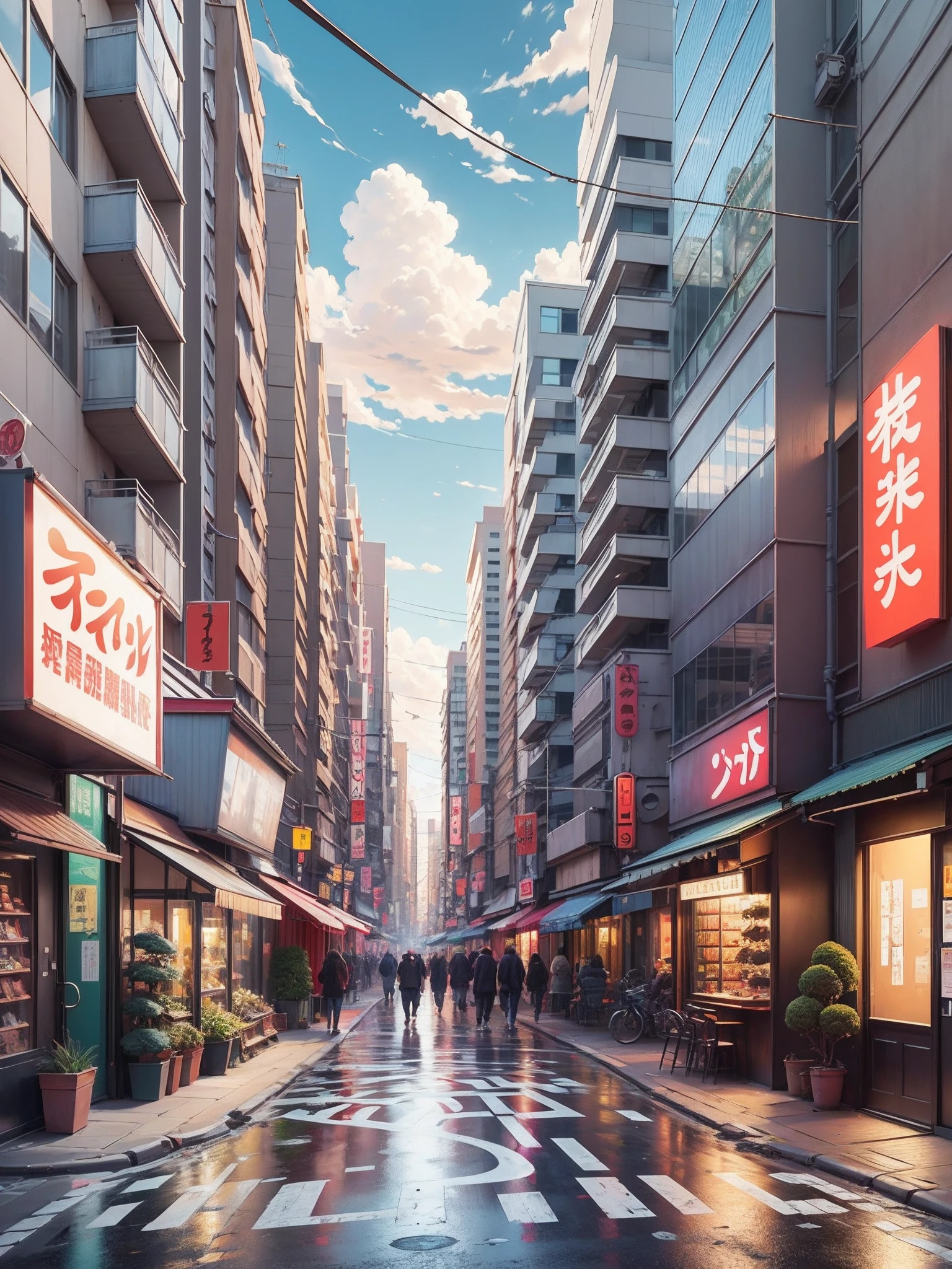 a city street lined with buildings, japanese street, tokyo street, tokyo street cityscape, tokyo street anime background, japanese neighborhood, in the streets of tokyo, sunny day, blue sky, anime background, anime wallpaper, hd anime street, anime style art, makato shinkai style, anime art style --auto --s2