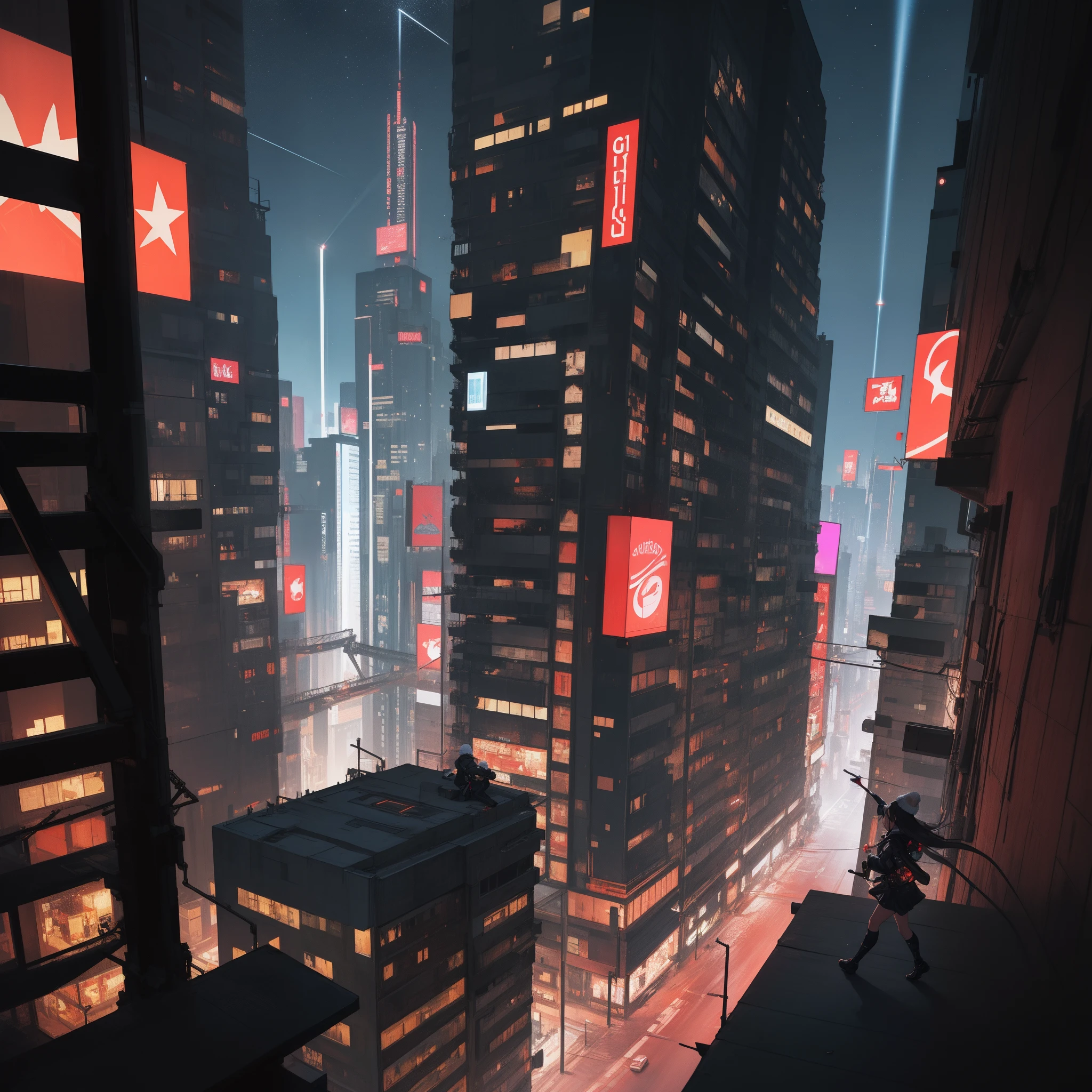 (cyberpunked:1.6),(Cyber City:1.8),(cyberpunk world:1.7),(Rooftop of building overlooking cyber city:1.4),(A girl moving from building to building in float one's body in the air:1.7), (((light as a whisker, flying like a bird))),BREAK (computer building, computer cityscape:1.2),(milky way,overwhelming starlit sky,Stars pouring down, showers of stardust:1.3),Blowing in the wind:1.8,BREAK Wearing a knitted hat:1.8,Relaxing girl,1 girl,solo,There is a cat next to you:1.8,action:1.6,BREAK angle from above:1.3,BREAK High-tech room:1.6,Cyberpunk Room:1.8,BREAK (8K), (Raw photo: 1.2), (Realism: 1.4), (masutepiece: 1.3), (exquisite detailing: 1.2), Delicate and beautiful details, (Eye Detail), (Facial Detailed), (Highest Quality) :1.4), (Hyper-Resolution: 1.2), cinematric light, (very detailed illustration),Best Quality,depth of fields, Wide light, natural shadows