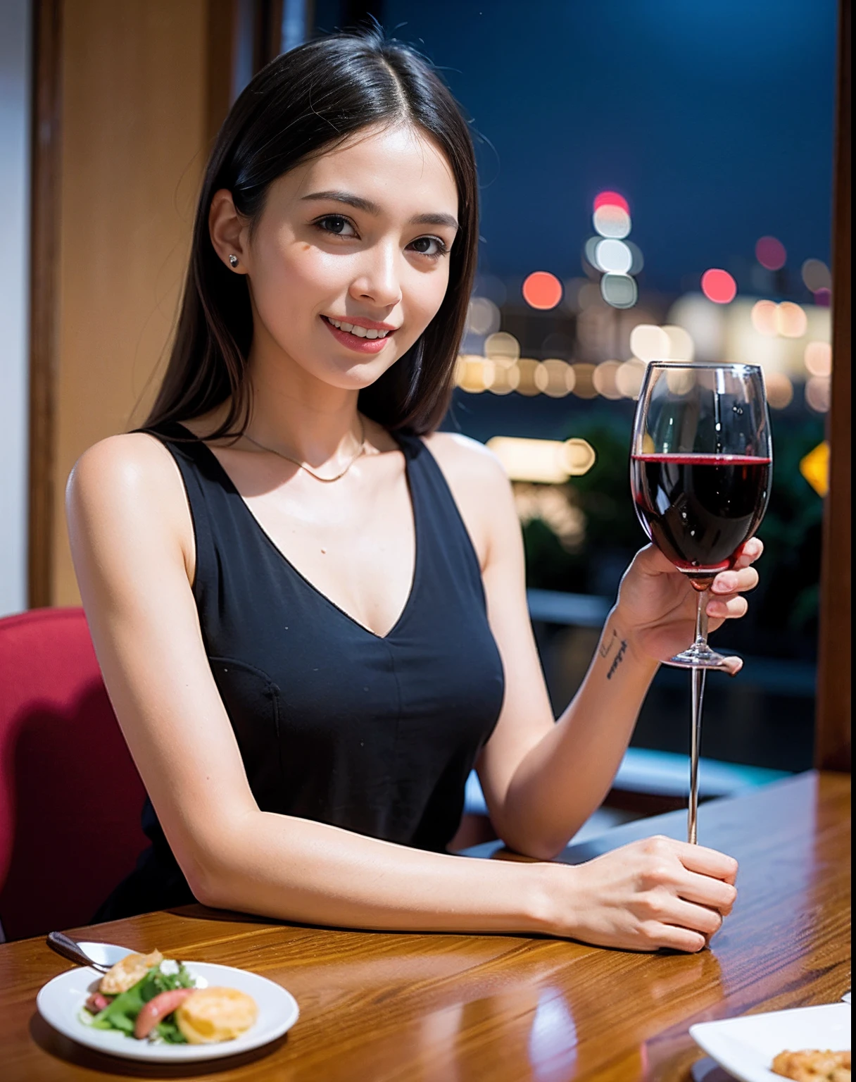 (64K, UHD, top quality, masterpiece: 1.2), (realistic, photorealistic: 1.37), super detailed, pretty woman 1 person, (slim face), (slim body), (brown hair), (short cut), cheeks slightly blushing, (44 years old), 38 years old, solo, beautiful detailed urban night view outside the window, restaurant, wine glasses sit, at night, in a prominent placeNovaFrogStyle, Actress, Model, Waist Up, White Wine, Slim, Wine Glass, Super Clean Night View, Wine Glass Put in the Middle, Happy Smile, (Smile: 1.15), Beautiful Fine Eyes, Upper Body, Bust Japan Up, Night, Short, Short, Actress, Model, Waist Up, White Wine, Slim, Wine Glass, Super Clean Night View, Wine Glass Put in the Middle, Happy Smile,