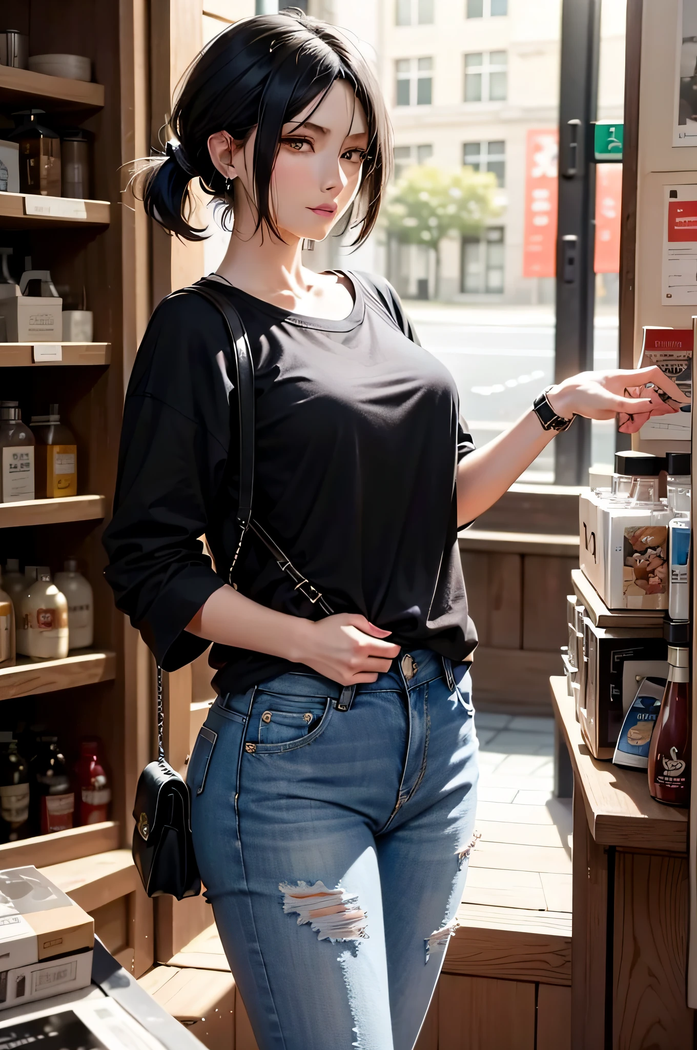 mikasa from the anime Shingeki no Kyojin, short hair, black hair, beautiful, beautiful woman, perfect body, perfect breasts, wears an oversized black t-shirt, short jeans, wears a handbag, watches, wears earrings, in a convenience store, convenience store, ponytail, looking at the viewer with a slight smile, realism, masterpiece, textured skin, super detail, high detail, high quality, best quality, 1080p, 16k
