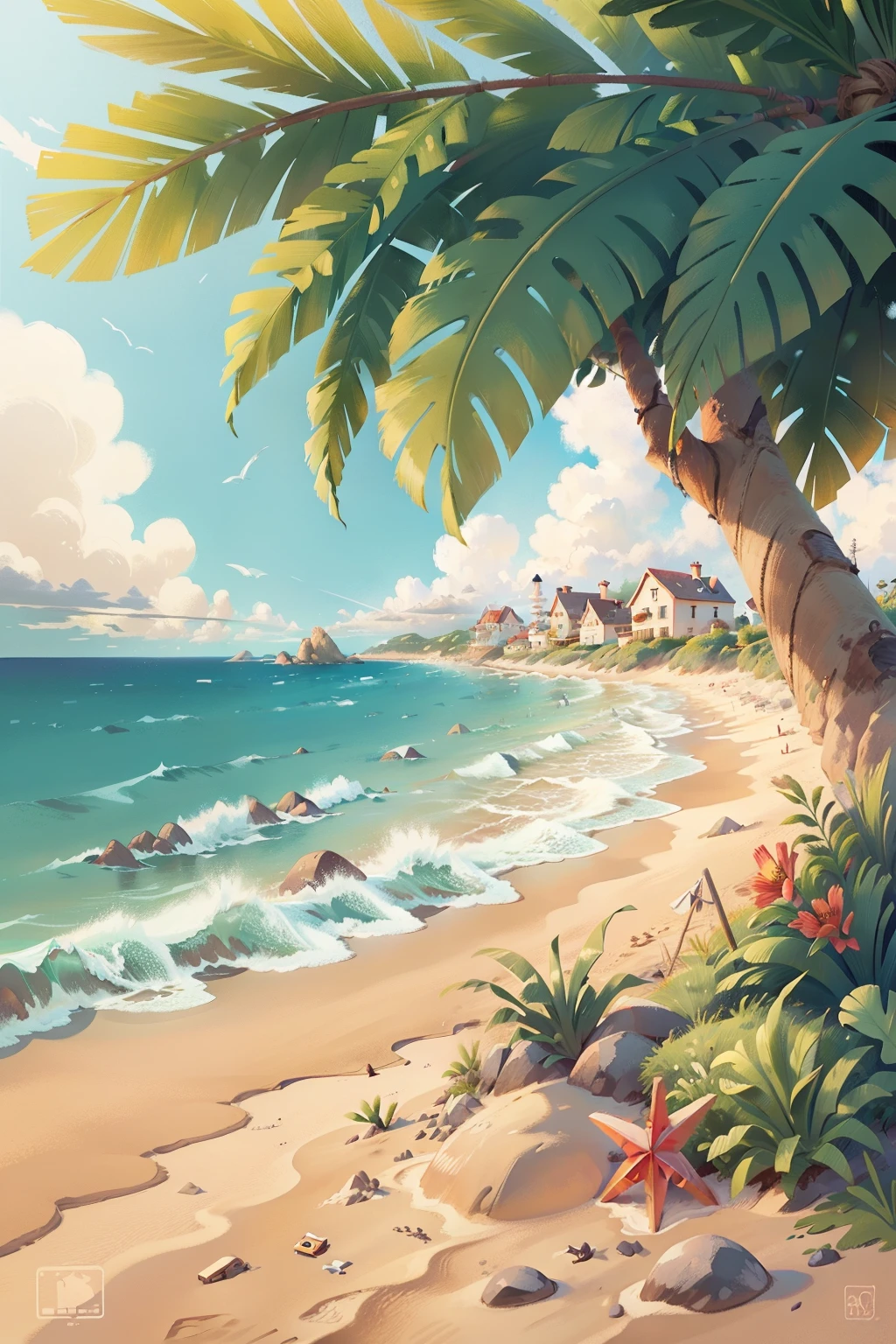 Sunny beach view，Beach view，Cartoon landscape，Simple，spray，sandbeach，Excellent details，The picture is beautiful，Simple colors，The light is gentle，