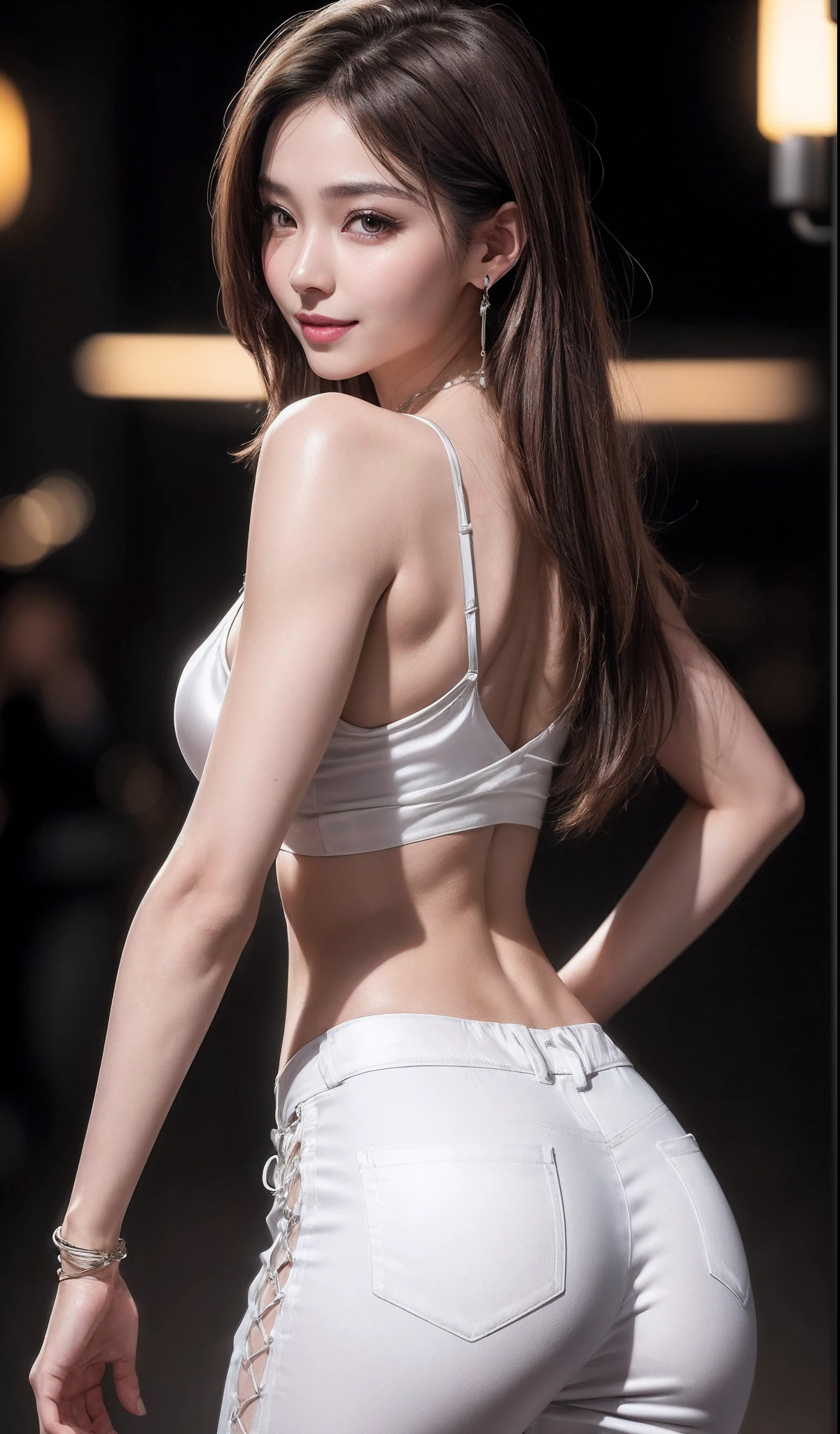 8K, Masterpiece, RAW photo, Best quality, Photorealistic, Extremely detailed Cg Unity 8K wallpapers, Depth of field, Cinematic light, Lens flare, Ray tracing, (Extremely beautiful face, Beautiful lips, Beautiful eyes), intricate detail face, ((ultra detailed skin)) 1girll, In the dark, deepshadow, Pretty Korean girl, Kpop idol, 1 girl, (Very slim and slender muscular body:1.3), ((view the viewer)),(Big smile:1.3), (Tight lace-up blouse), (Pink shirt), (Sleeveless) , (Fashion night, Dark night, (neon lights sign), (Blurred background), Fashion Street Night),(No one is in the background:1.3), Beautiful earrings, bangle, necklace, Pantyhose, Clear eyes, (Pale skin), (Big eyes), Face forward, ((upperbody shots)), ((Silk white trousers:1.3)),(brown hairs),((Skinny silk pants)), (big assa),(view the viewer:1.3) open breast, Very slim, Medium breasts, Turn Back, Back shot, , underwear