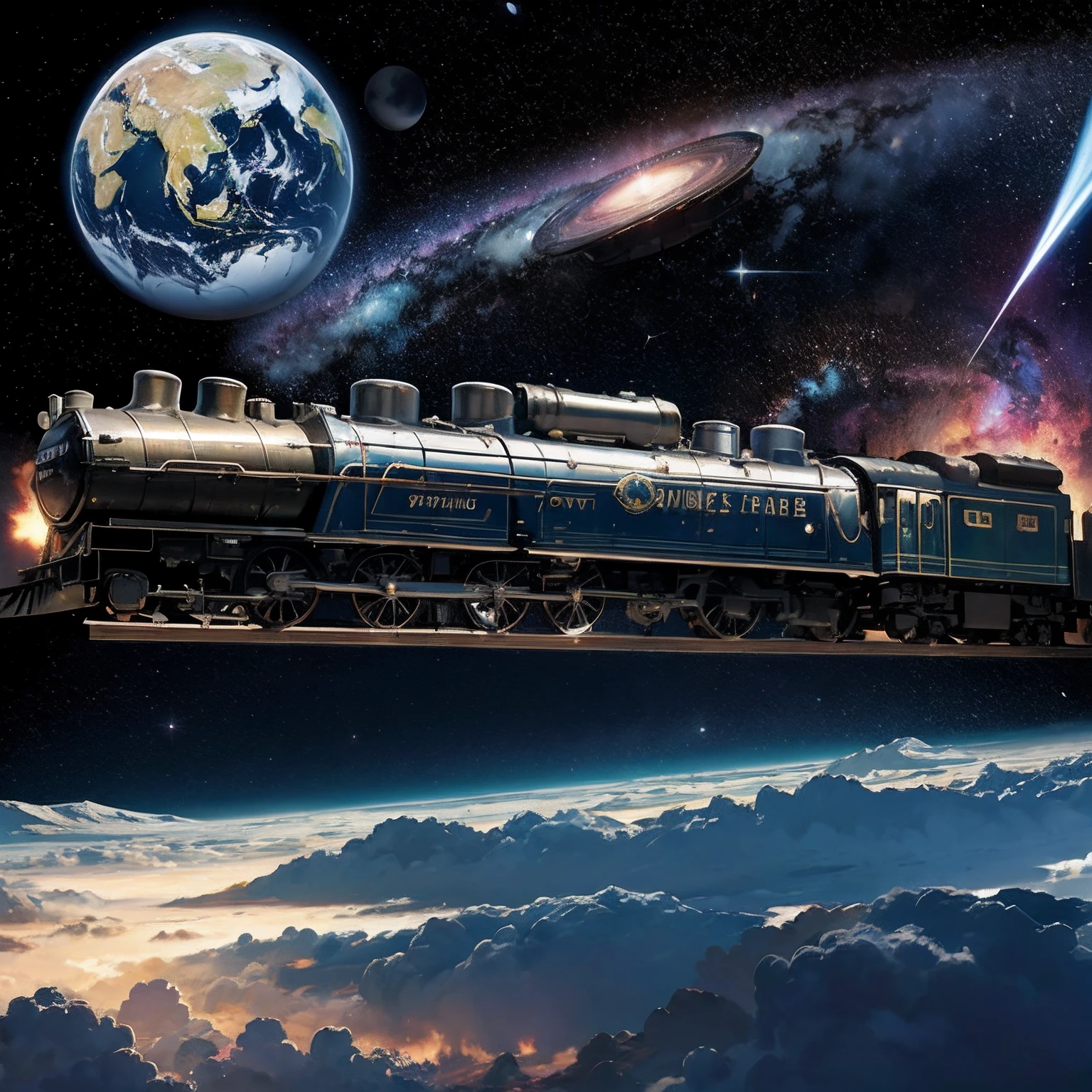 cosmic space、nffsw、steam train、Steam locomotive running in outer space、Galaxy Railway、Floating Train