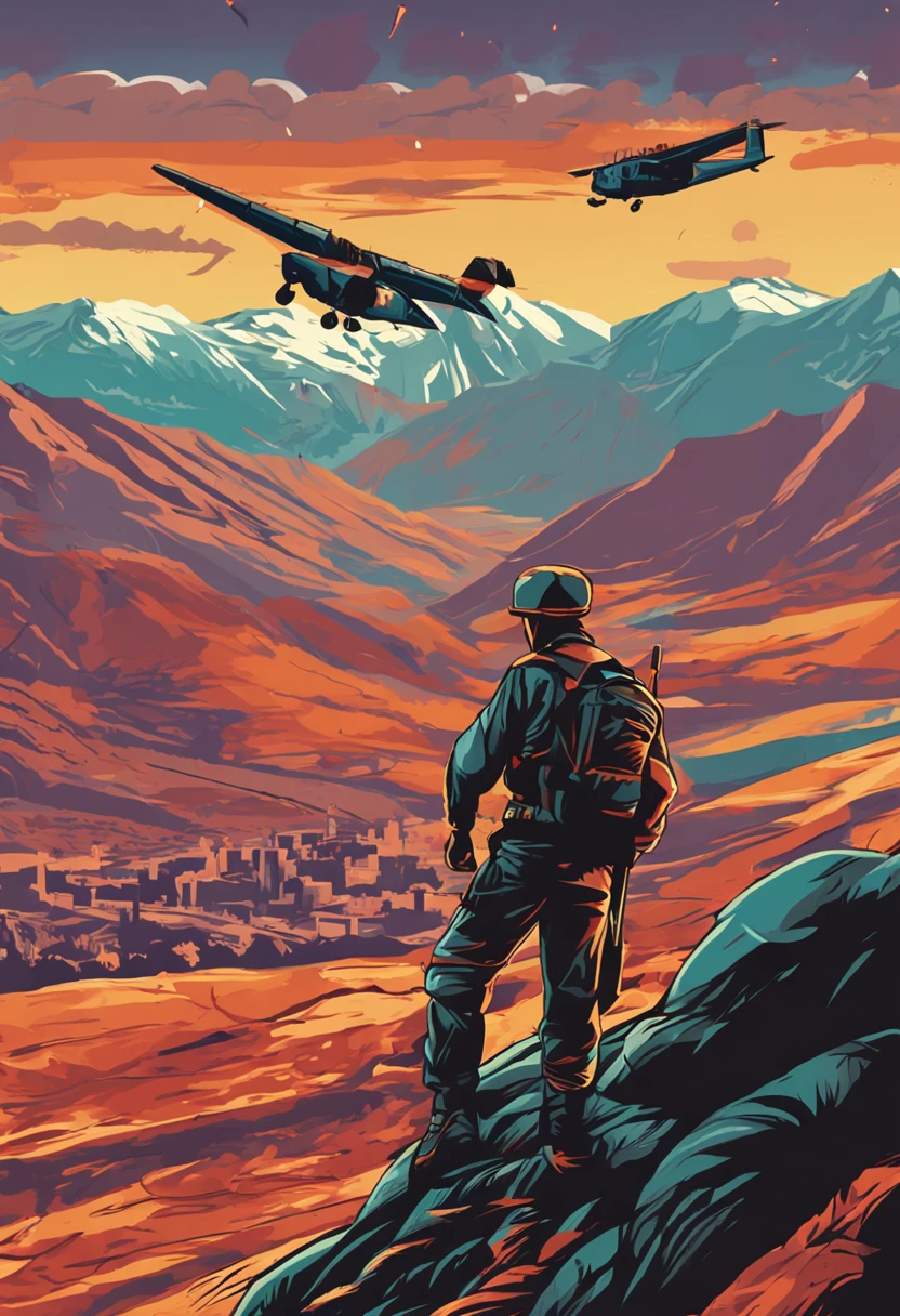 Wall mural style painting of a soldier in the foreground with Don Ramon cap and glasses, Paratroopers falling from planes by parachute, el cielo con un ocaso, atardecer dorado y rojizo, Andean Mountains, paracaidistas cayendo de aviones, the tiny Tungurahua volcano in silhouette in the background. Military with camouflage and Don Ramon hat and glasses, 8K, alta calidad mural en pared, ((Cane wall painting style)).