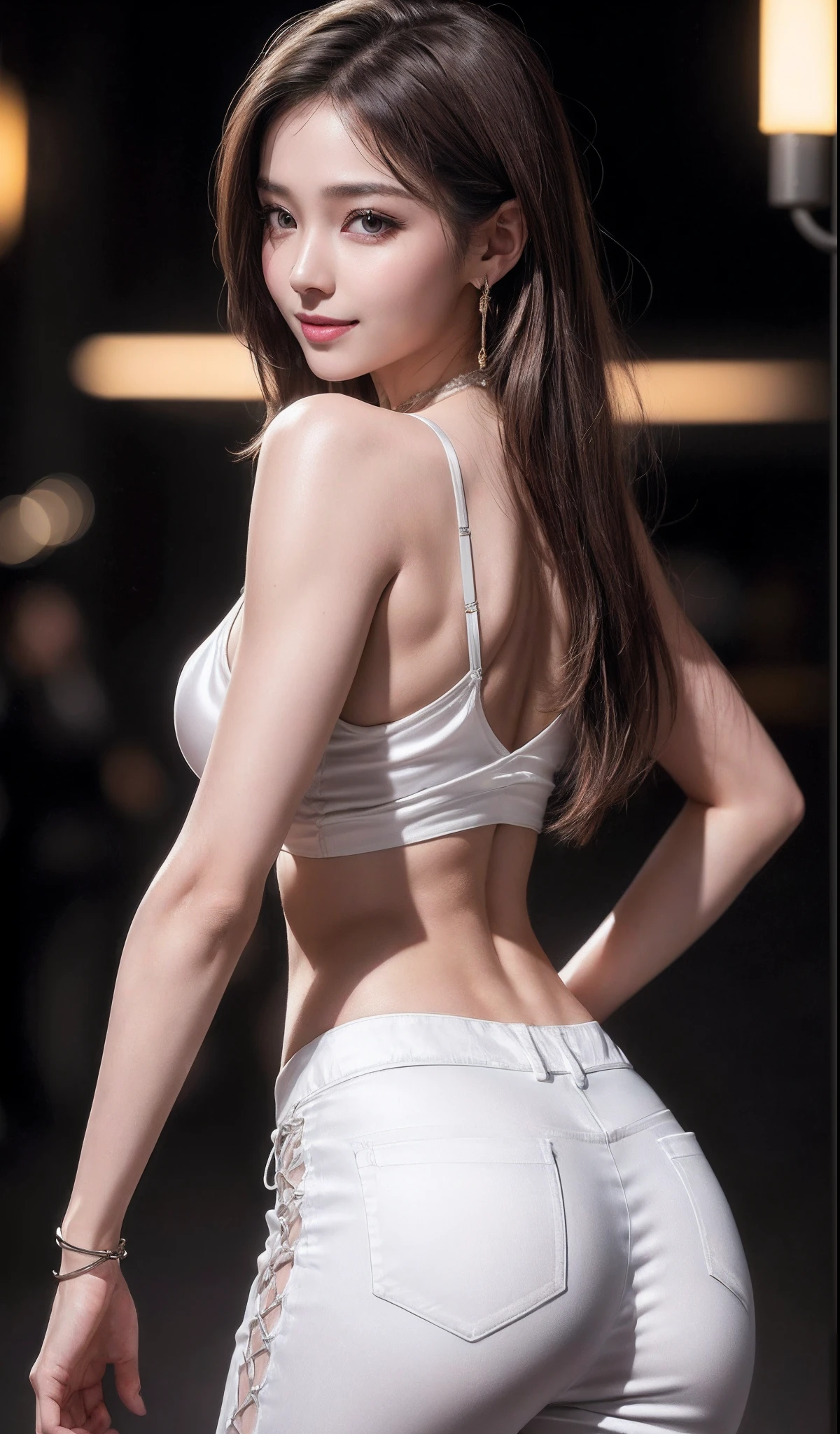 8K, Masterpiece, RAW photo, Best quality, Photorealistic, Extremely detailed Cg Unity 8K wallpapers, Depth of field, Cinematic light, Lens flare, Ray tracing, (Extremely beautiful face, Beautiful lips, Beautiful eyes), intricate detail face, ((ultra detailed skin)) 1girll, In the dark, deepshadow, Pretty Korean girl, Kpop idol, 1 girl, (Very slim and slender muscular body:1.3), ((view the viewer)),(Big smile:1.3), (Tight lace-up blouse), (Pink shirt), (Sleeveless) , (Fashion night, Dark night, (neon lights sign), (Blurred background), Fashion Street Night),(No one is in the background:1.3), Beautiful earrings, bangle, necklace, Pantyhose, Clear eyes, (Pale skin), (Big eyes), Face forward, ((upperbody shots)), ((Silk white trousers:1.3)),(brown hairs),((Skinny silk pants)), (big assa)，(view the viewer:1.3) open breast, Very slim, Medium breasts, Turn Back, Back shot, , underwear