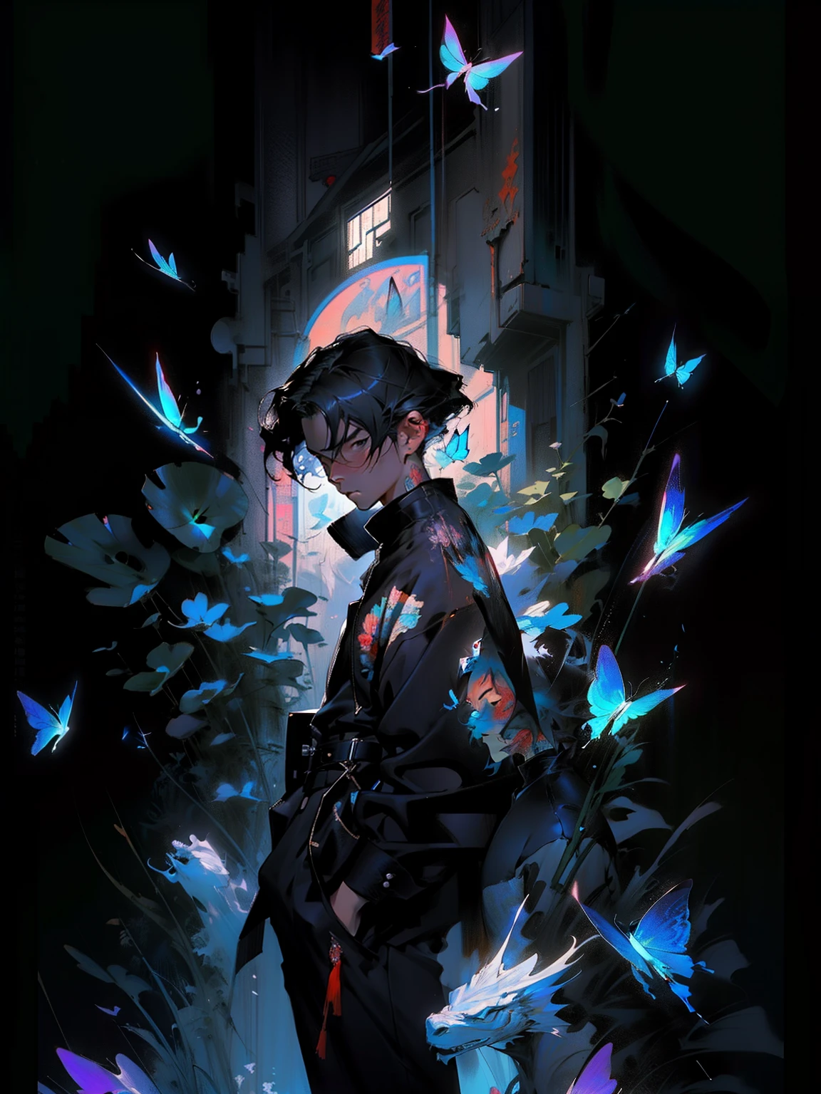 there is a man standing in front of a wall with blue butterflies, artwork in the style of guweiz, by Yang J, guweiz masterpiece, by Yanjun Cheng, guweiz, inspired by Yanjun Cheng, jinyoung shin art, ross tran style, guweiz on pixiv artstation, guweiz on artstation pixiv