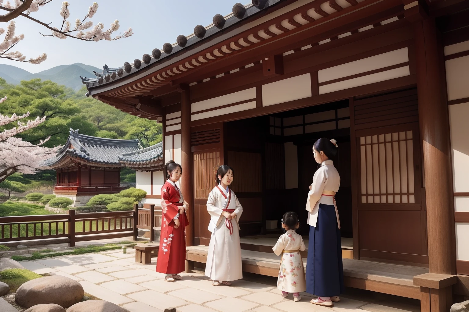 Year: 2020
Country: South Korea
Description: In a traditional hanok house in Seoul, a family gathers for a ceremonial tea ceremony. The serene garden provides a backdrop of cherry blossom trees in full bloom, and adults and children alike are dressed in elegant, modernized hanbok attire.
