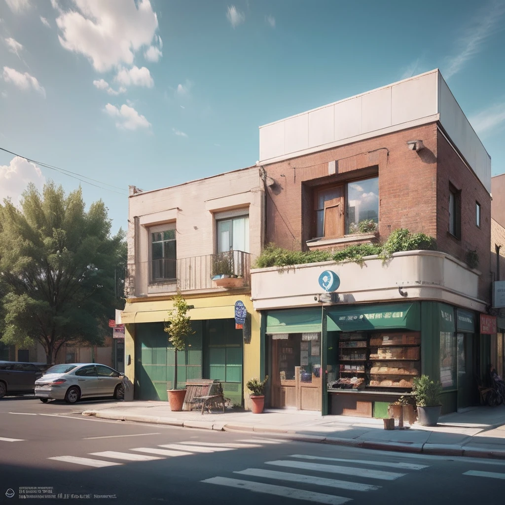 ultra realistic photo, exterior design,architectural visualization, modern house, a photorealistic rendering, at the corner of the street, The lower floor is a shop, the upper floor is residential, Daylight, 11:00 am, sunlight, sidewalk, road --auto --s2