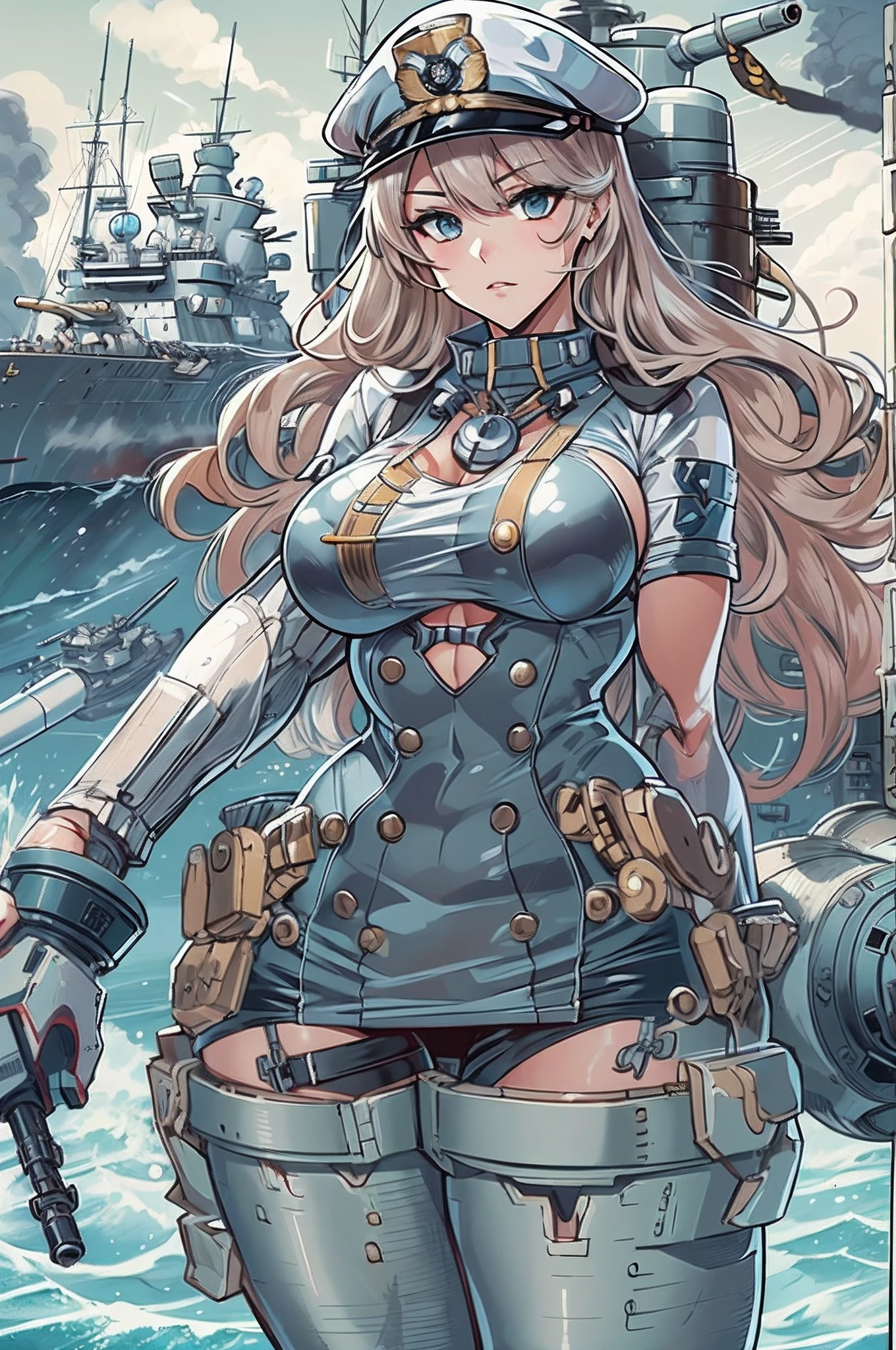 kansen, cyborg humanoid war machine, anime shipgirl woman, azur lane, kantai collect, battleship waifu, wearing a giant metal backpack with a steam funnel on top, back mounted robot gun arms, battleship cannon turrets, torpedo tubes, boots with boats on the soles, wide hips, round breasts, officer cap, military uniform open clothing, undressing