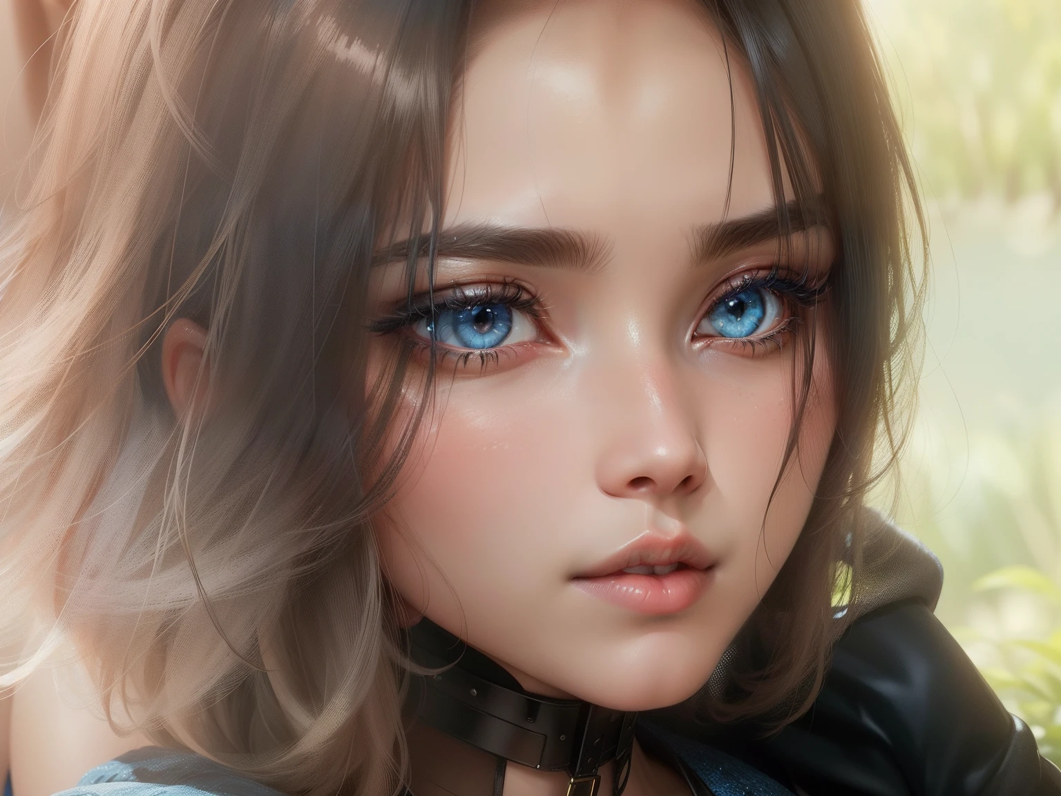 Ultra-realistic 8K CG，Flawless face，flawless perfection，ren，tmasterpiece，professionalartwork，famousartwork，Perfect face，Beautiful face，Beautiful eyes，（（Perfect female body）），Large breasts，独奏，Blue Tops，blue pants，，Be red in the face，Seductive expressions，Extreme meticulousness_The eye，thick thight，sobu，（（whaite hair）），short detailed hair，Beautiful background，depth of fields，bdsm，skindentation，full bodyesbian，tightsuit，Conjoinment，Latex clothing