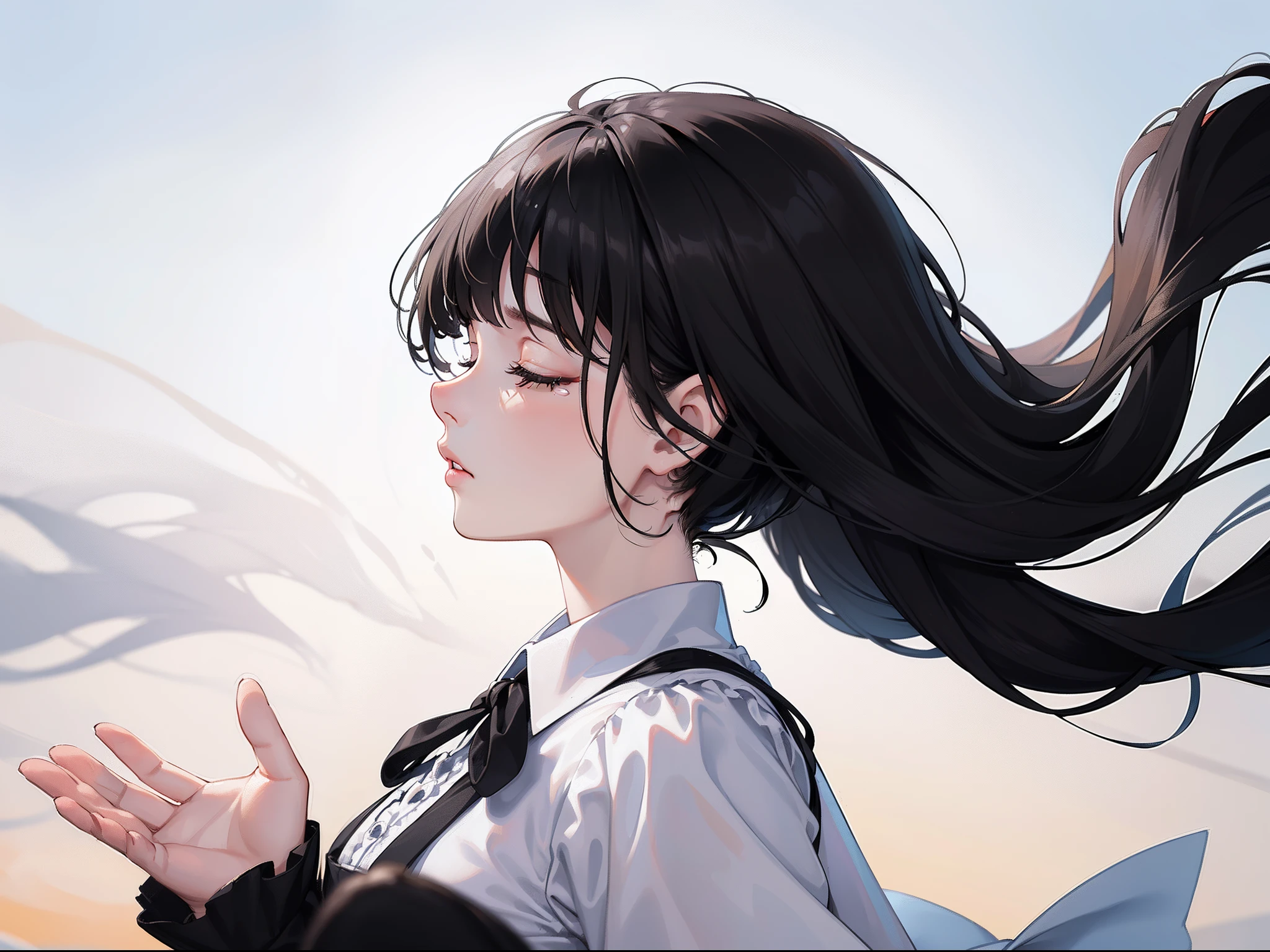 1 Lady,(Black hair:1.4)(crying, eyes closed:0.992), Outdoors,(Upper body, face in profile:1.4)(White blouse, flared skirt)(Blurred background:1.2),